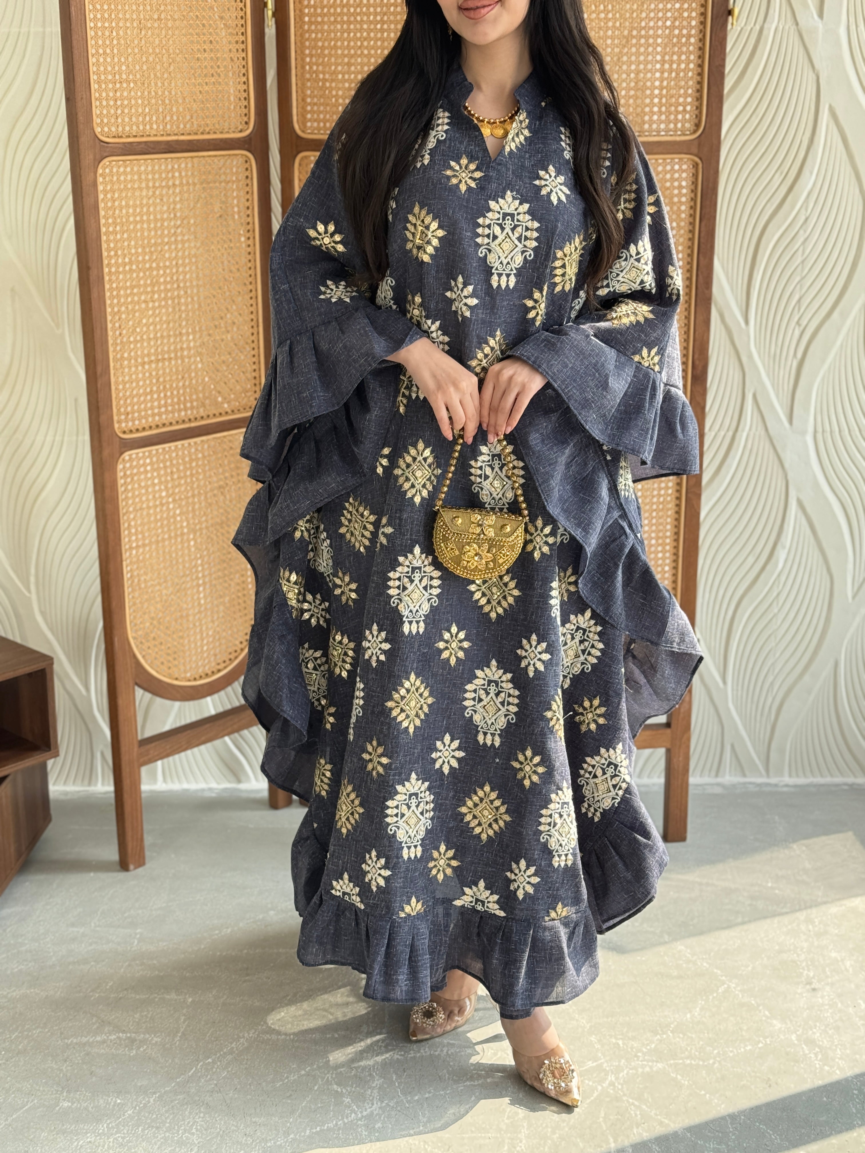 FAB271-Grey Linen Embroidered Butterfly-Cut Jalabiya with Ruffled Sleeves