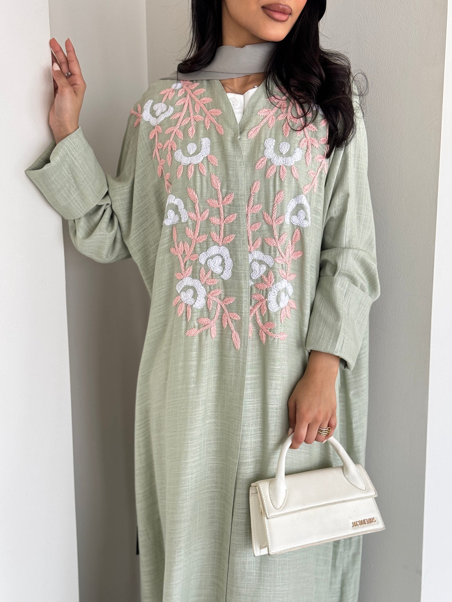 FAB187- Light Green Summer Linen - Half-bisht cut Abaya