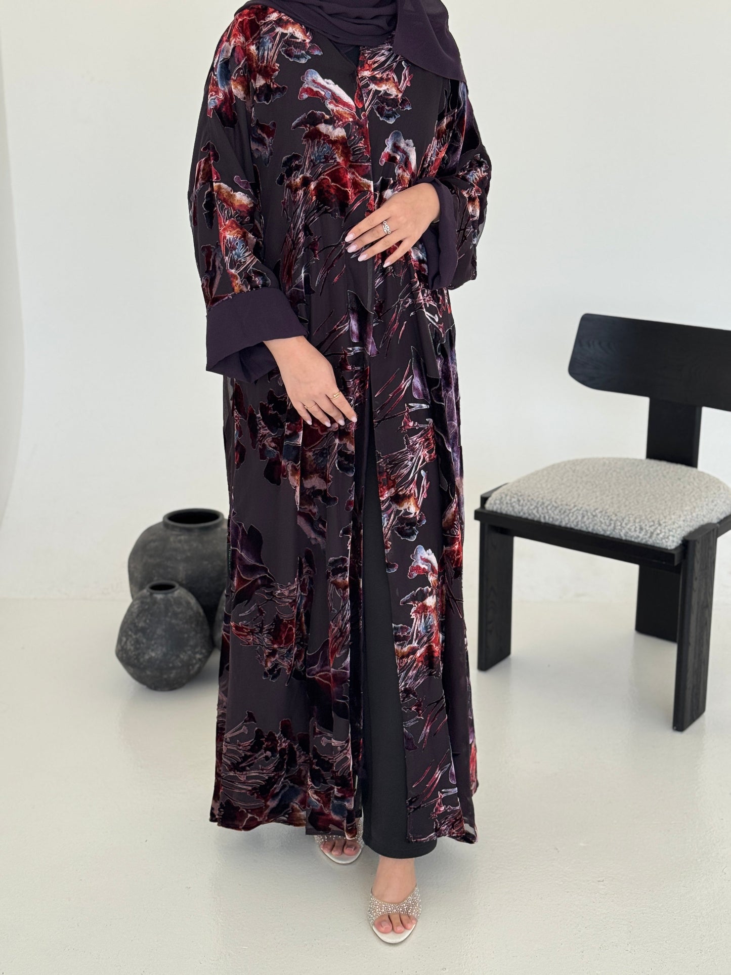 FAB231- Dark Purple Chiffon with Velvet Print Abaya with headscarf