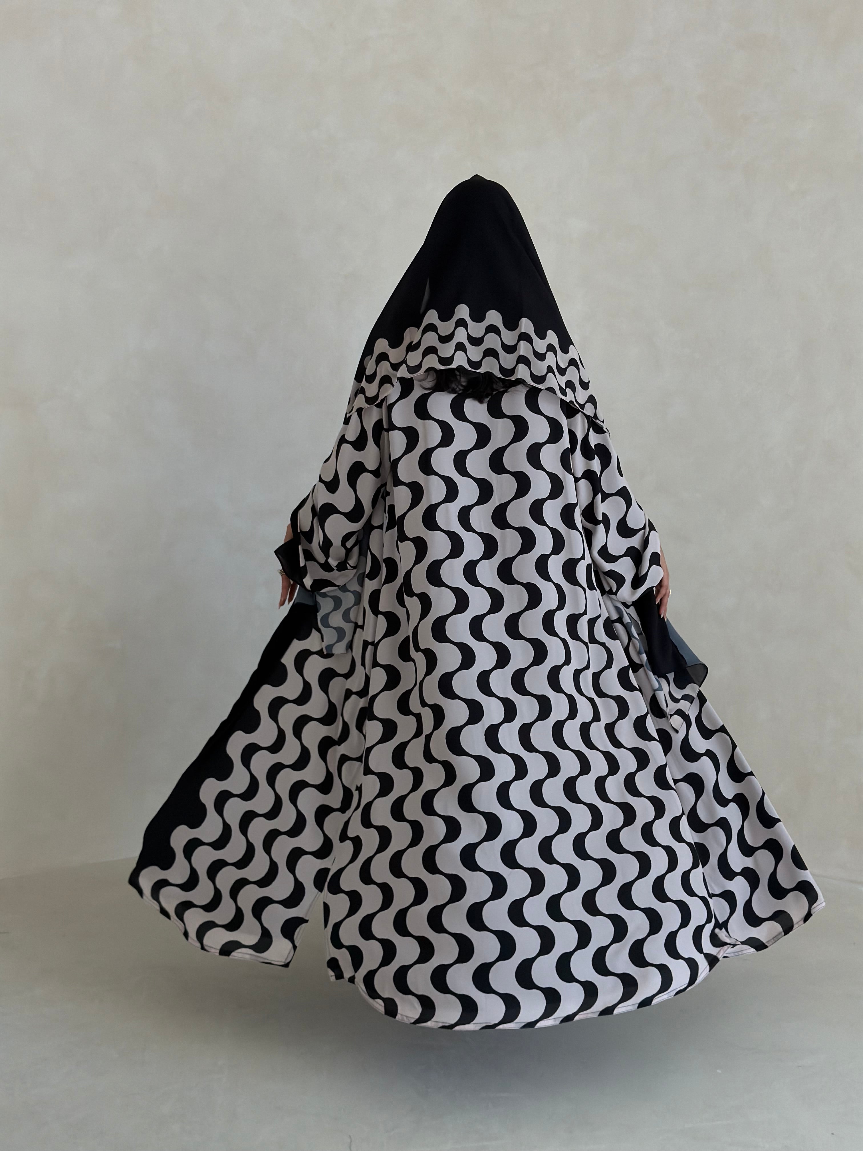 FAB344- White and Black Waves Printed Straight-Cut Abaya and matching headscarf