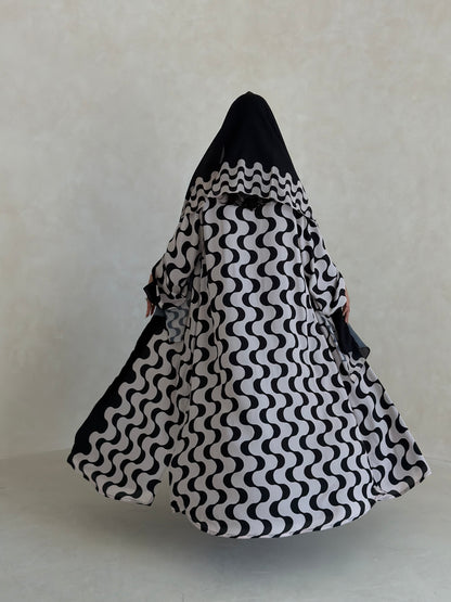 FAB344- White and Black Waves Printed Straight-Cut Abaya and matching headscarf