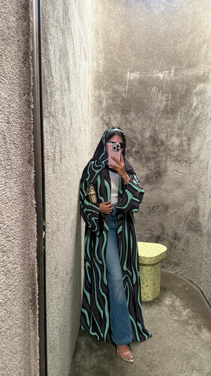 FAB323-Tiffany & Black Printed Abaya and Headscarf – Straight Cut