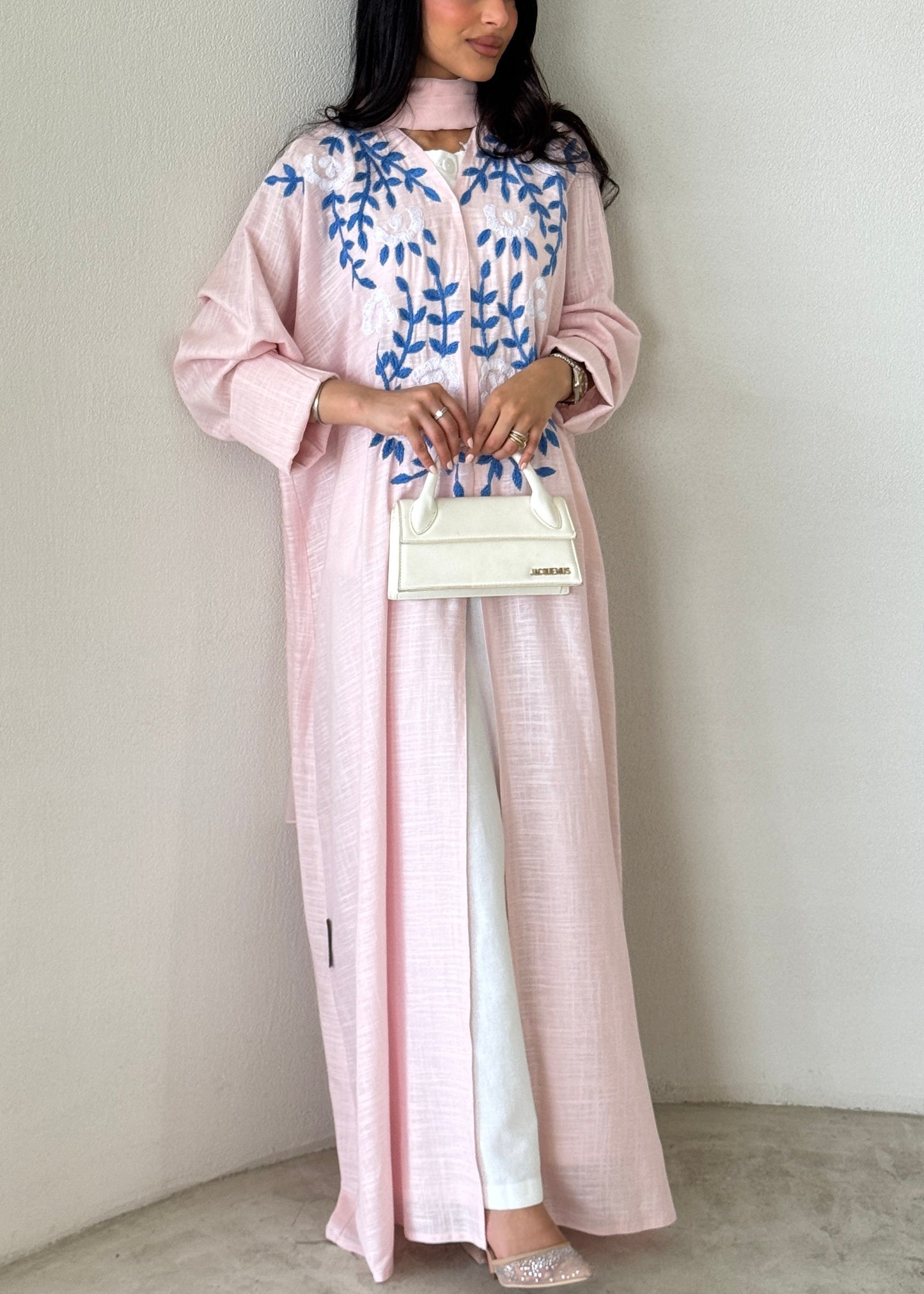 FAB189- Pink Summer Linen - Half-bisht cut Abaya