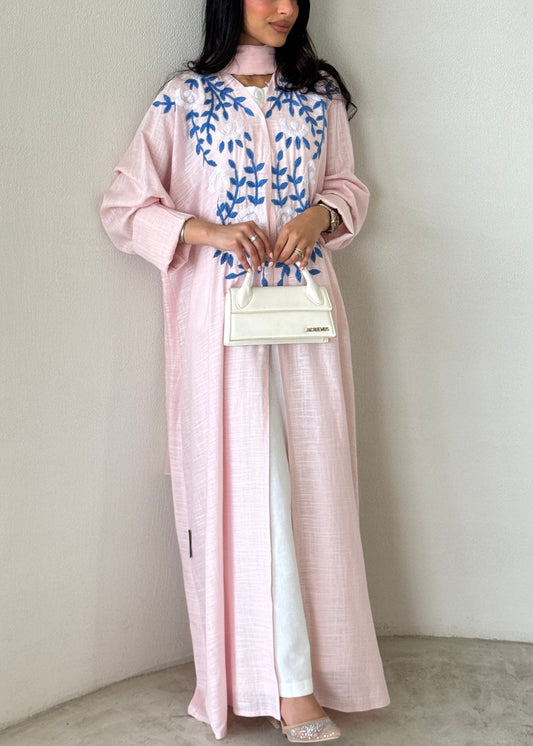 FAB189- Pink Summer Linen - Half-bisht cut Abaya