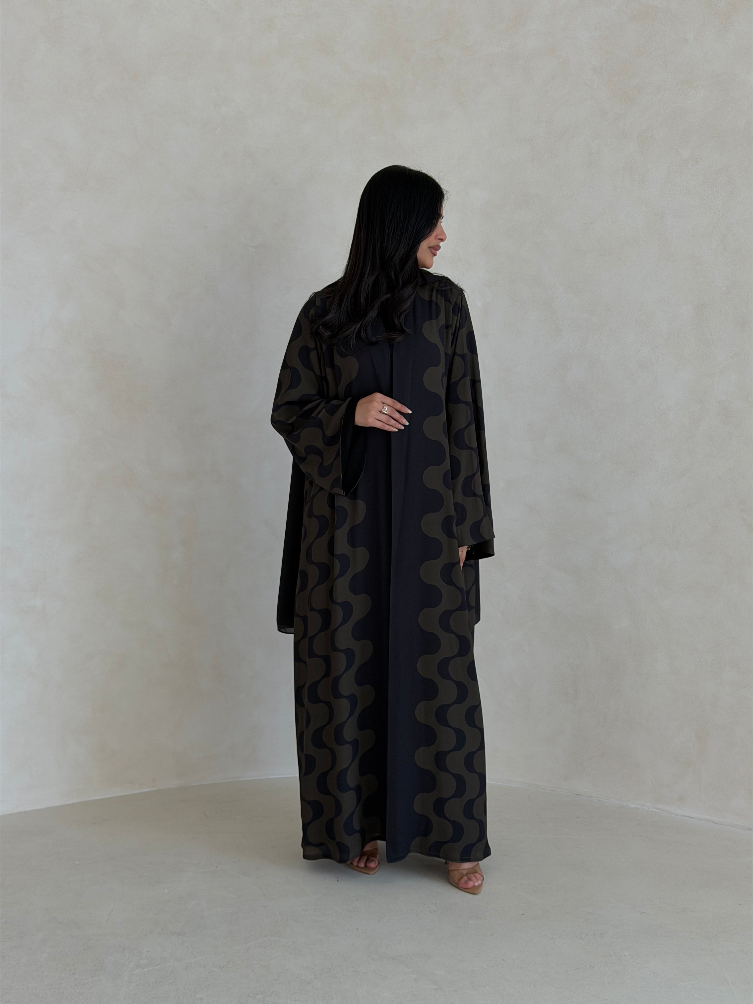 FAB343- Dark Olive and Black Waves Printed Straight-Cut Abaya and matching headscarf