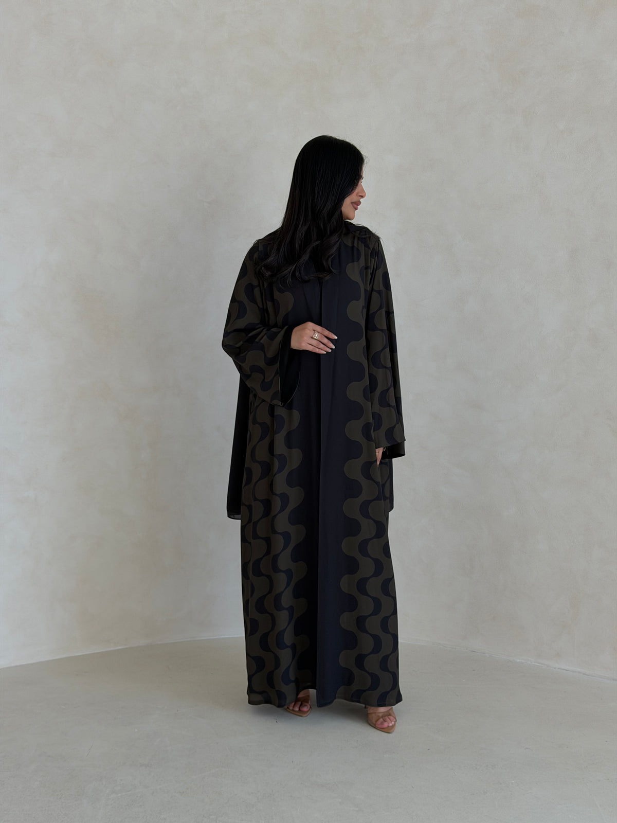 FAB343- Dark Olive and Black Waves Printed Straight-Cut Abaya and matching headscarf