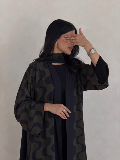 FAB343- Dark Olive and Black Waves Printed Straight-Cut Abaya and matching headscarf