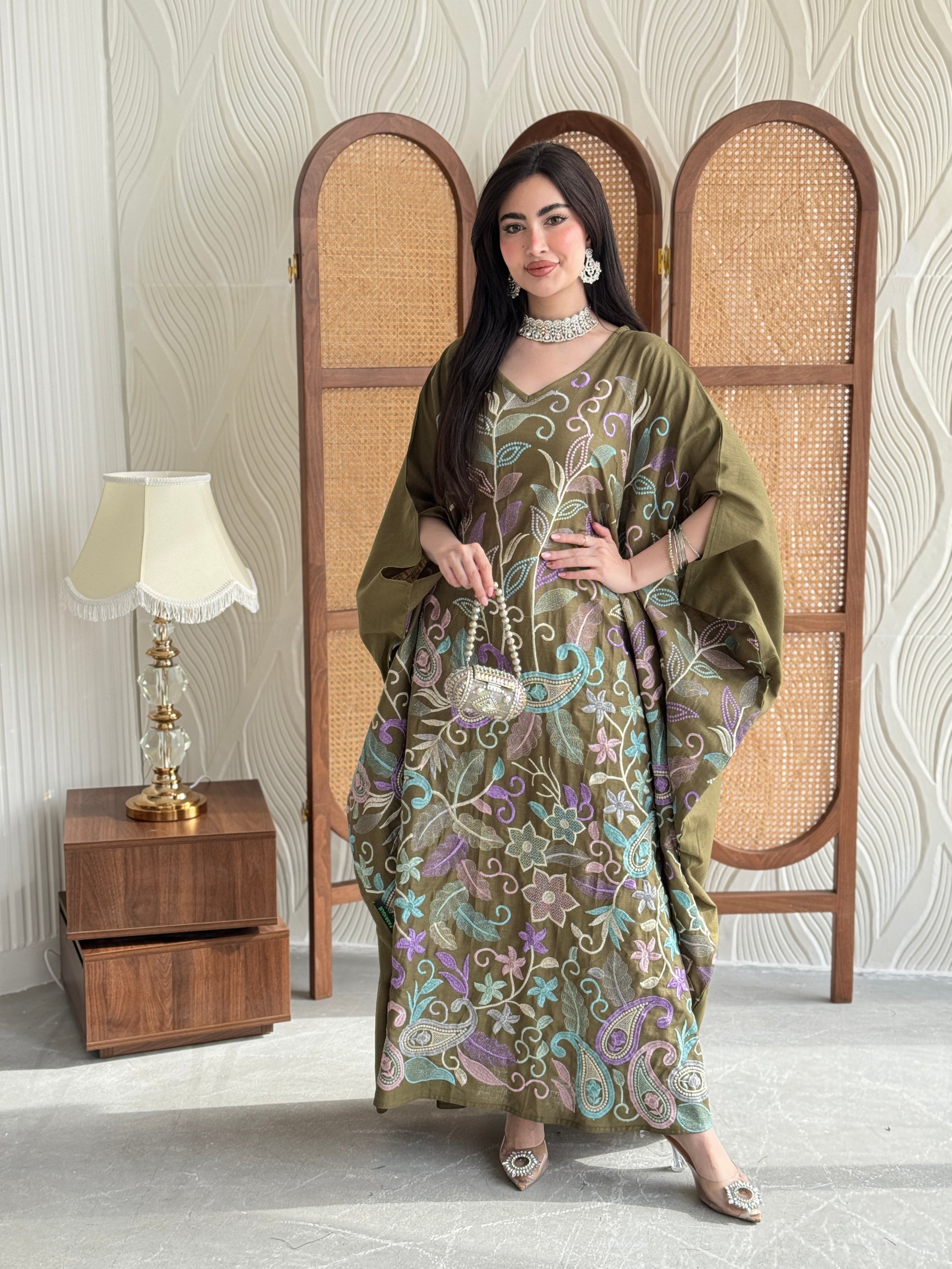 FAB264-Khaki Olive Linen free-size jalabiya with elegant multicolor embroidery