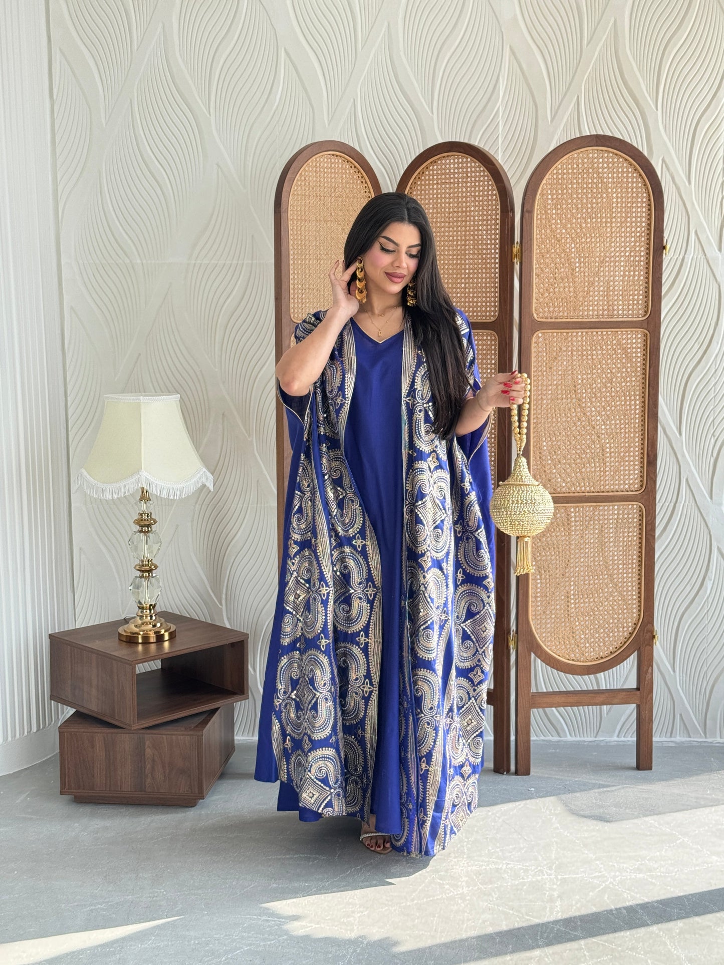 FAB275-Blue Two-Piece Linen Bisht Set, Detailed with Elegant Gold Embroidery