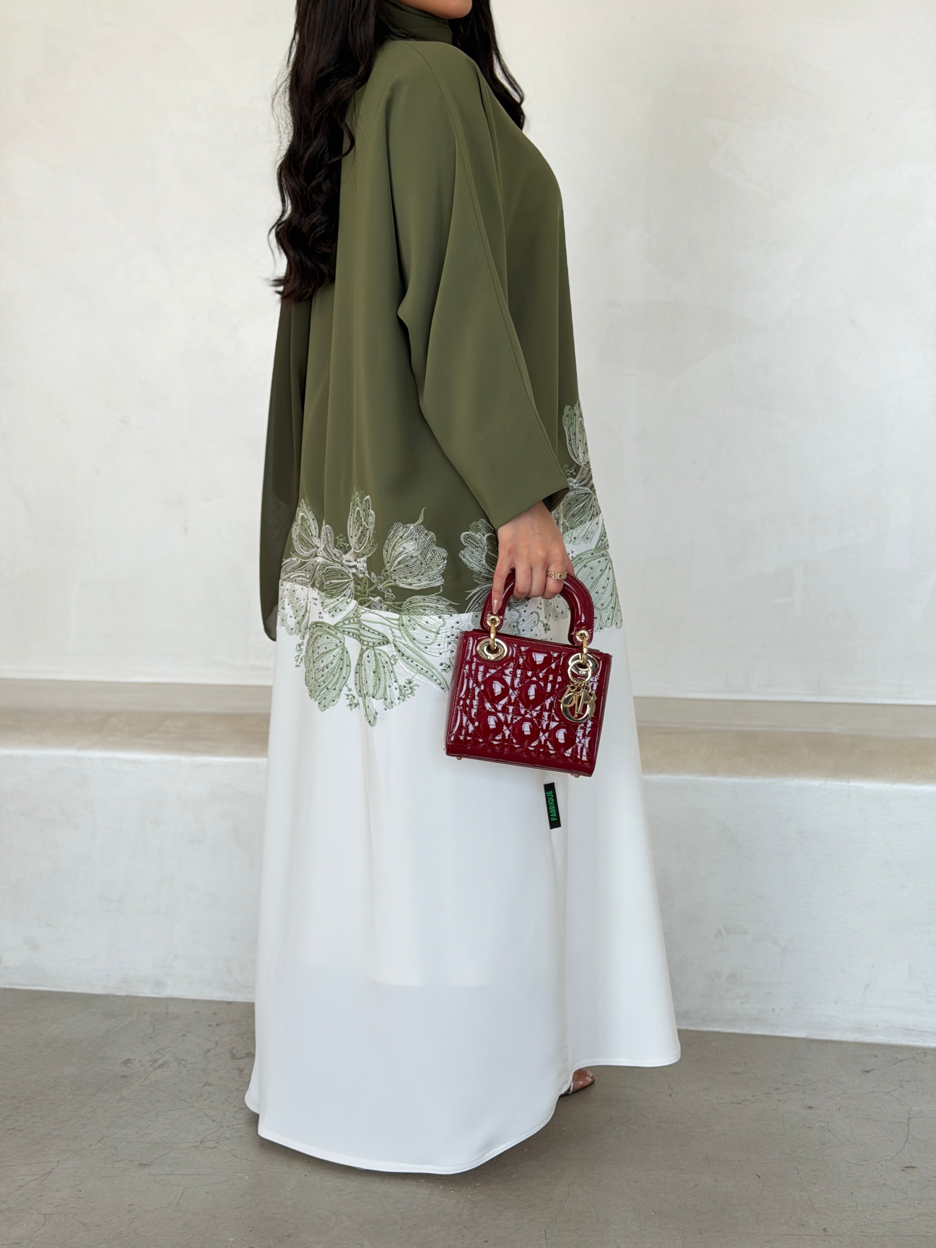 FAB294- Light Green & White Crepe Crystal Embroidered Abaya