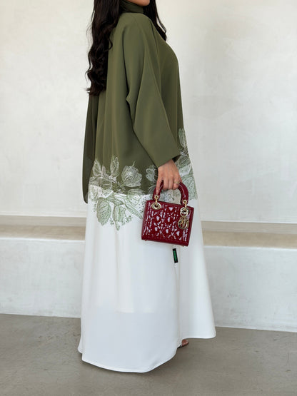 FAB294- Light Green & White Crepe Crystal Embroidered Abaya