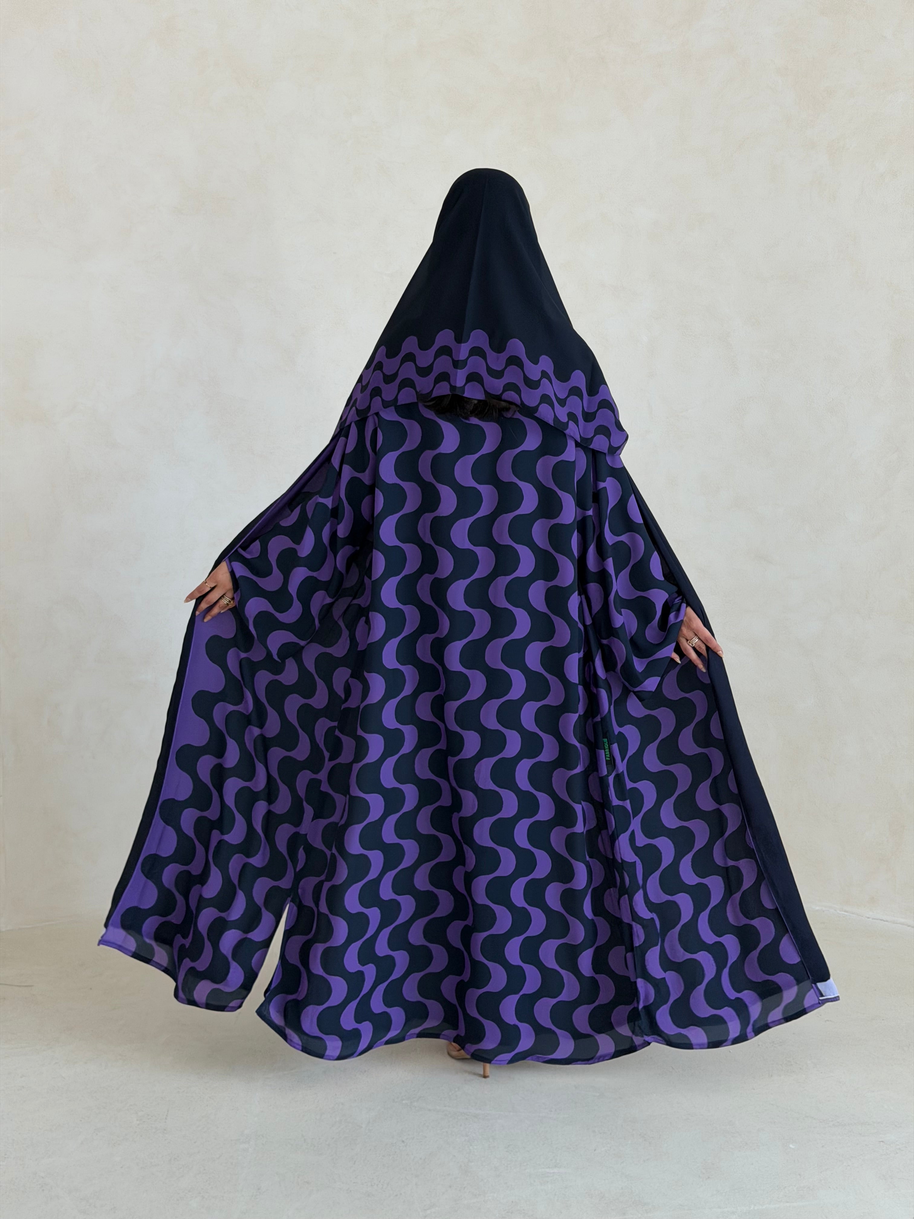 FAB345- Purple Blue Waves Printed Straight-Cut Abaya and matching headscarf