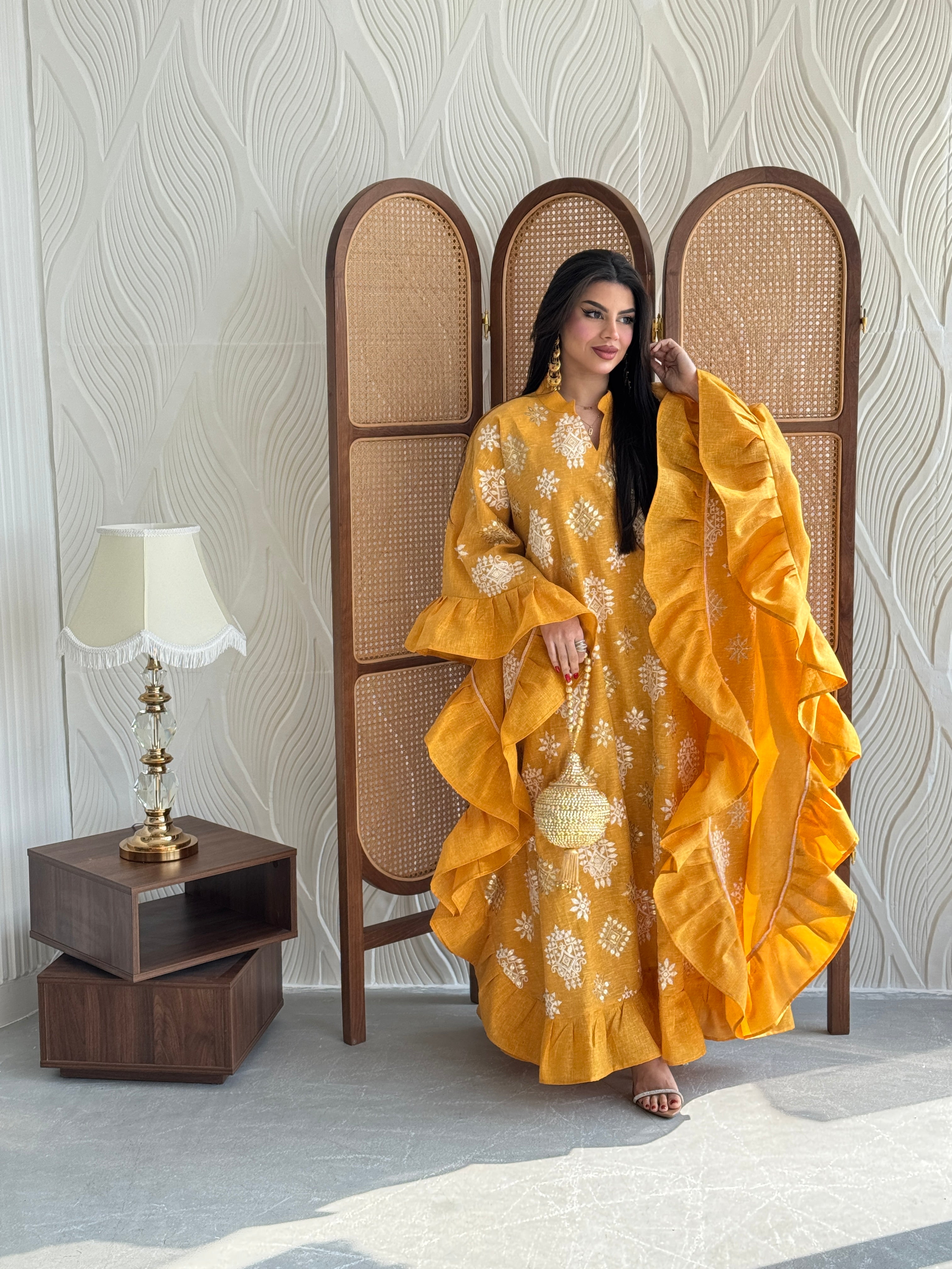 FAB274-Mustard Yellow Linen Embroidered Butterfly-Cut Jalabiya with Ruffled Sleeves
