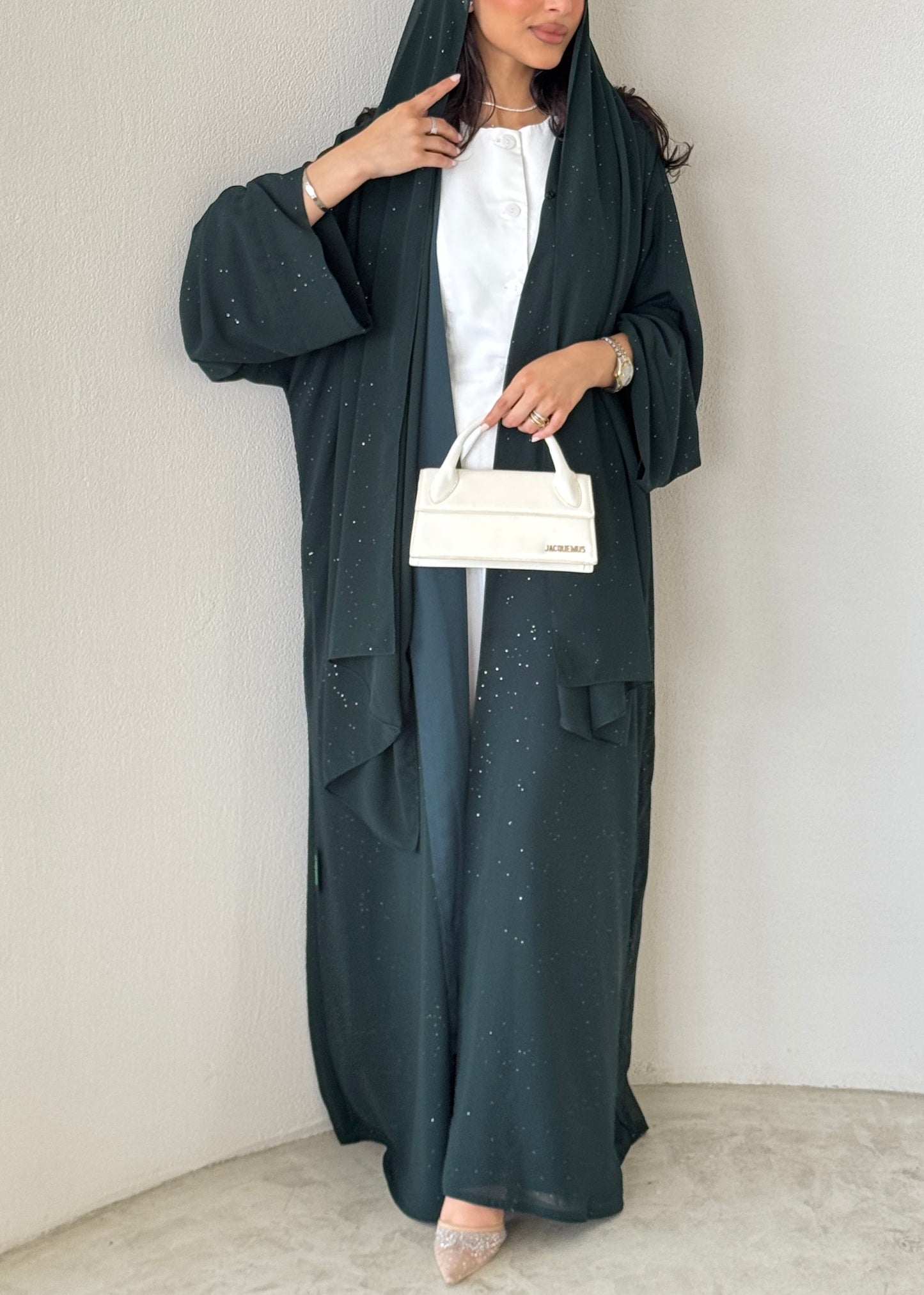 FAB185- Elegant Green Glitter Chiffon Abaya