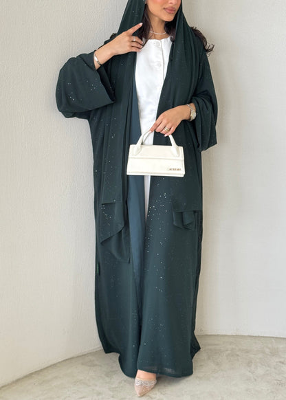 FAB185- Green Glitter Chiffon A-Cut Abaya Set