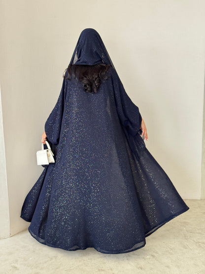 FAB184- Navy Blue Glitter Chiffon A-Cut Abaya Set