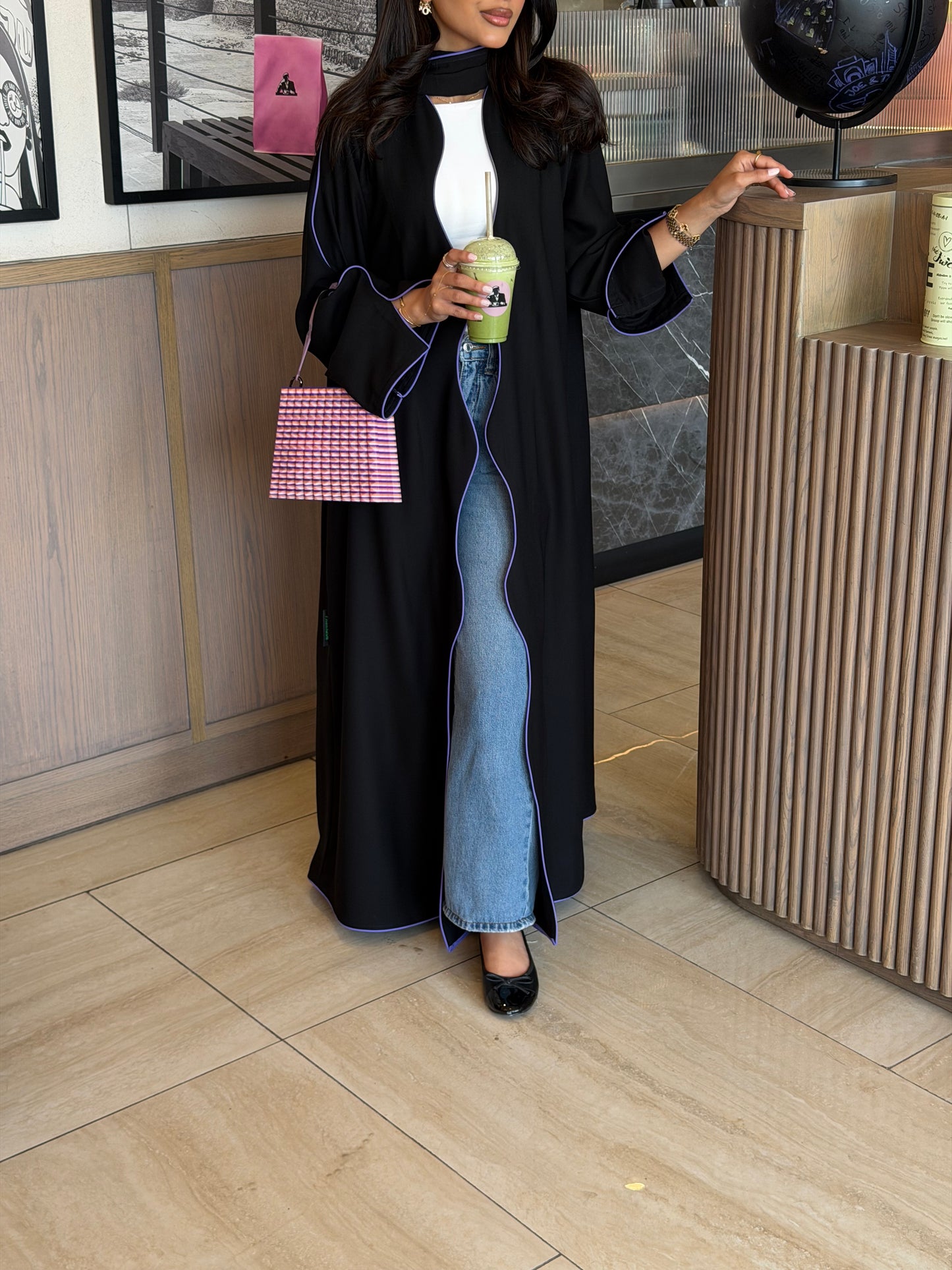 FAB319- Black crepe swirl-cut abaya with purple piping abaya and headscarf