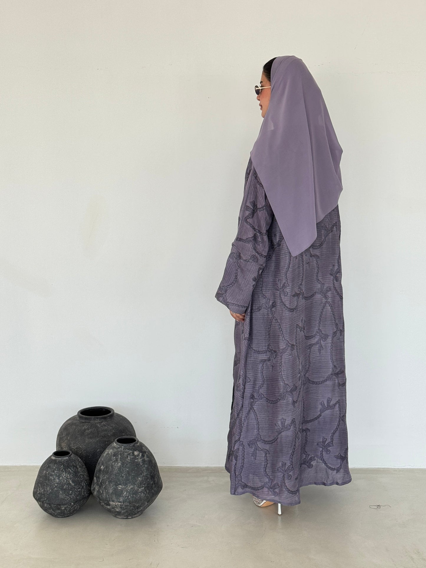 FAB219- Purple Ribbon Embroidery Linen Abaya with headscarf