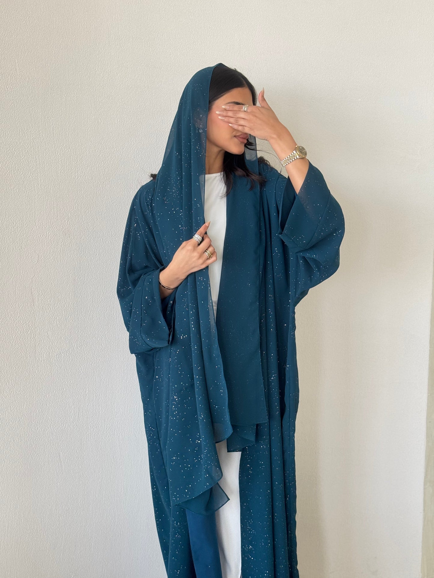 FAB182- Elegant Turqoise Glitter Chiffon Abaya