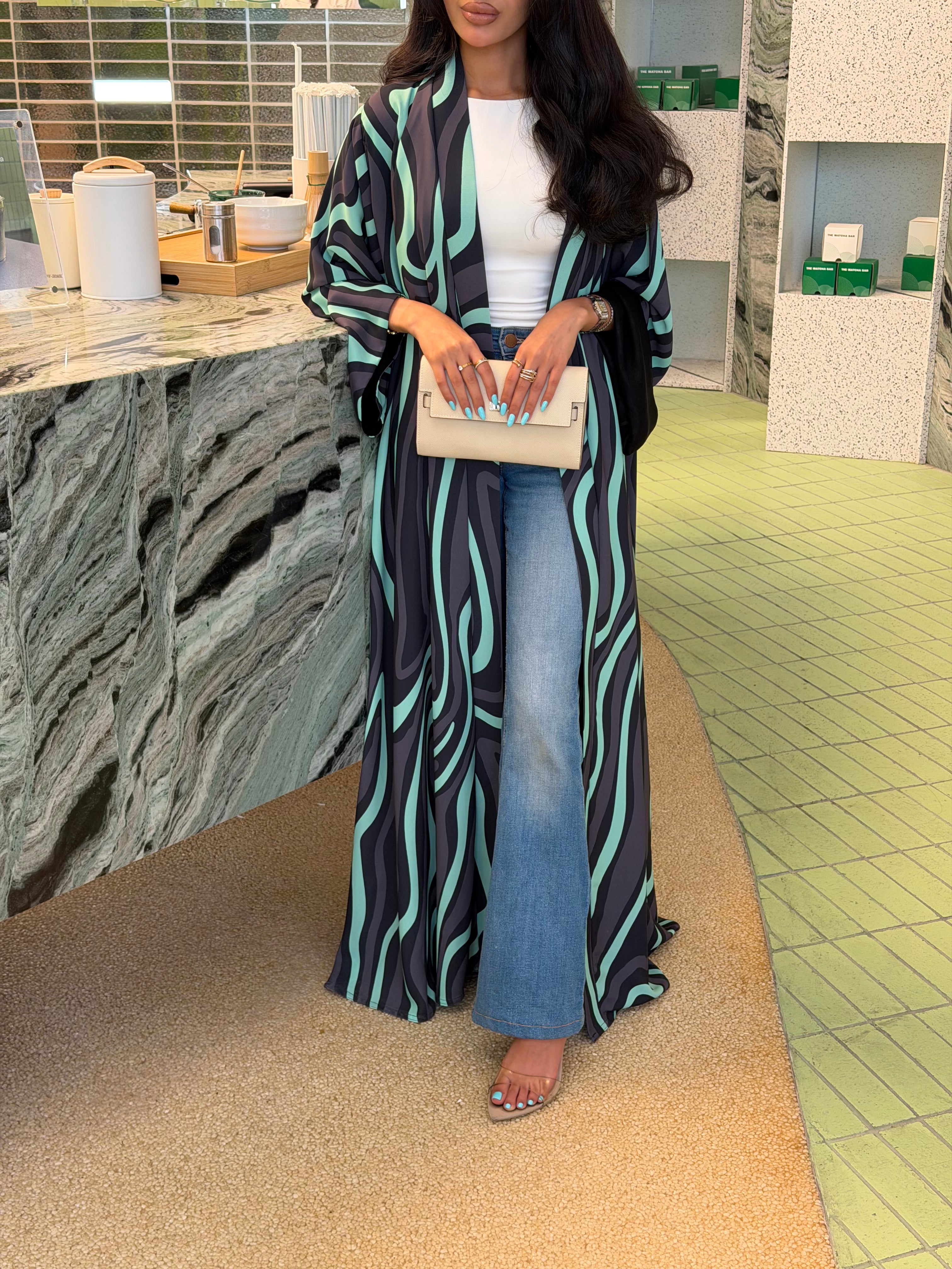 FAB323-Tiffany & Black Printed Abaya and Headscarf – Straight Cut