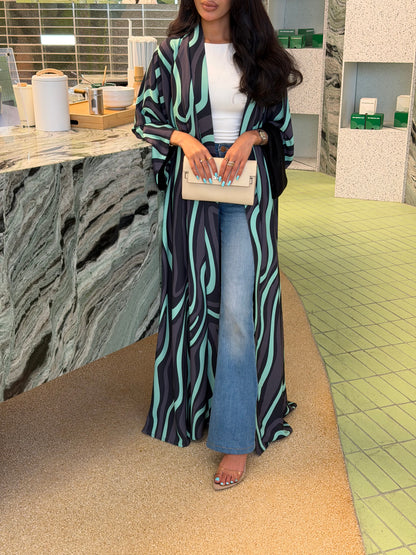 FAB323-Tiffany & Black Printed Abaya and Headscarf – Straight Cut