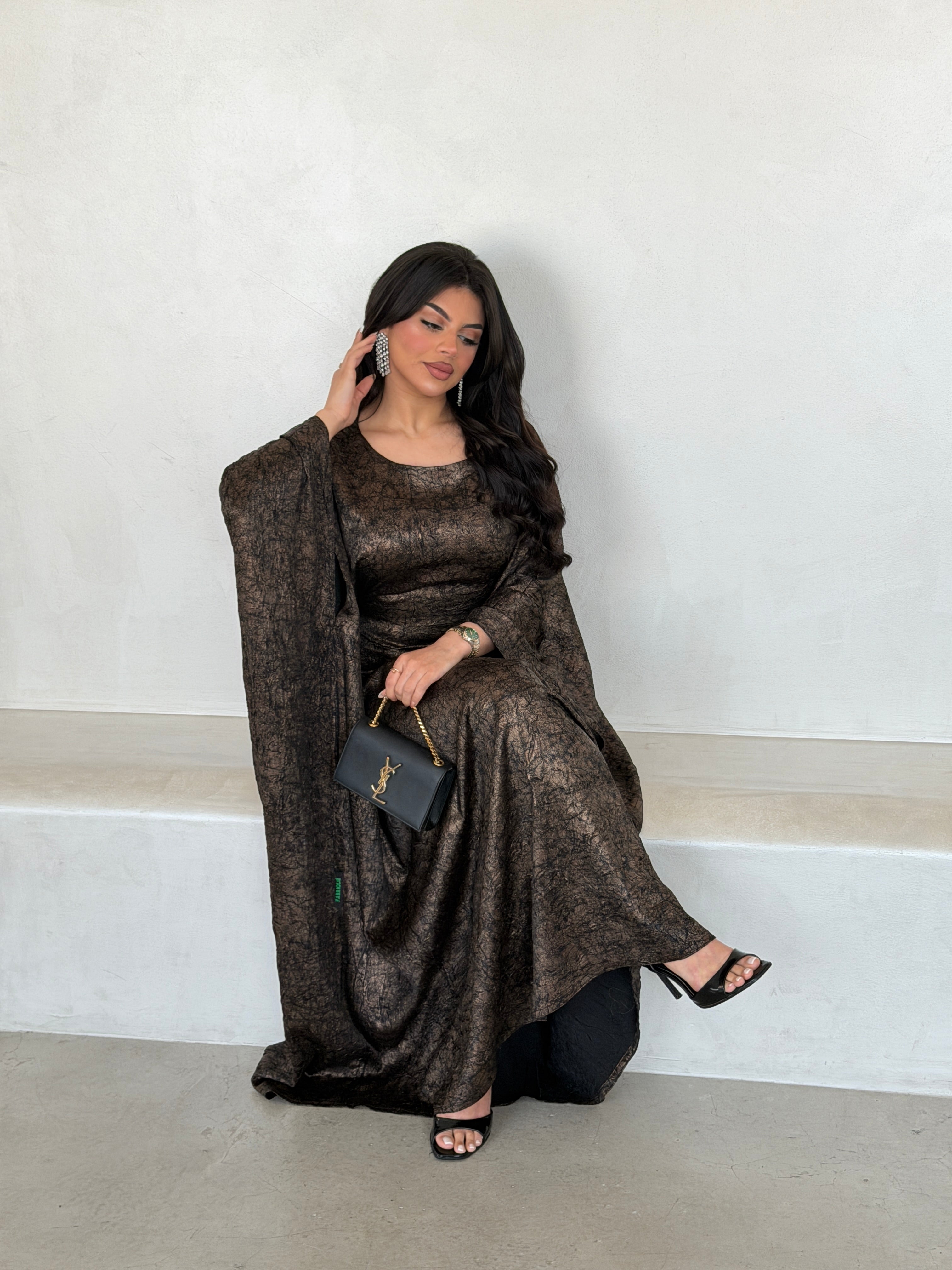 FAB289-Brown Metallic Cotton Stretch Free size Dress with inner belt