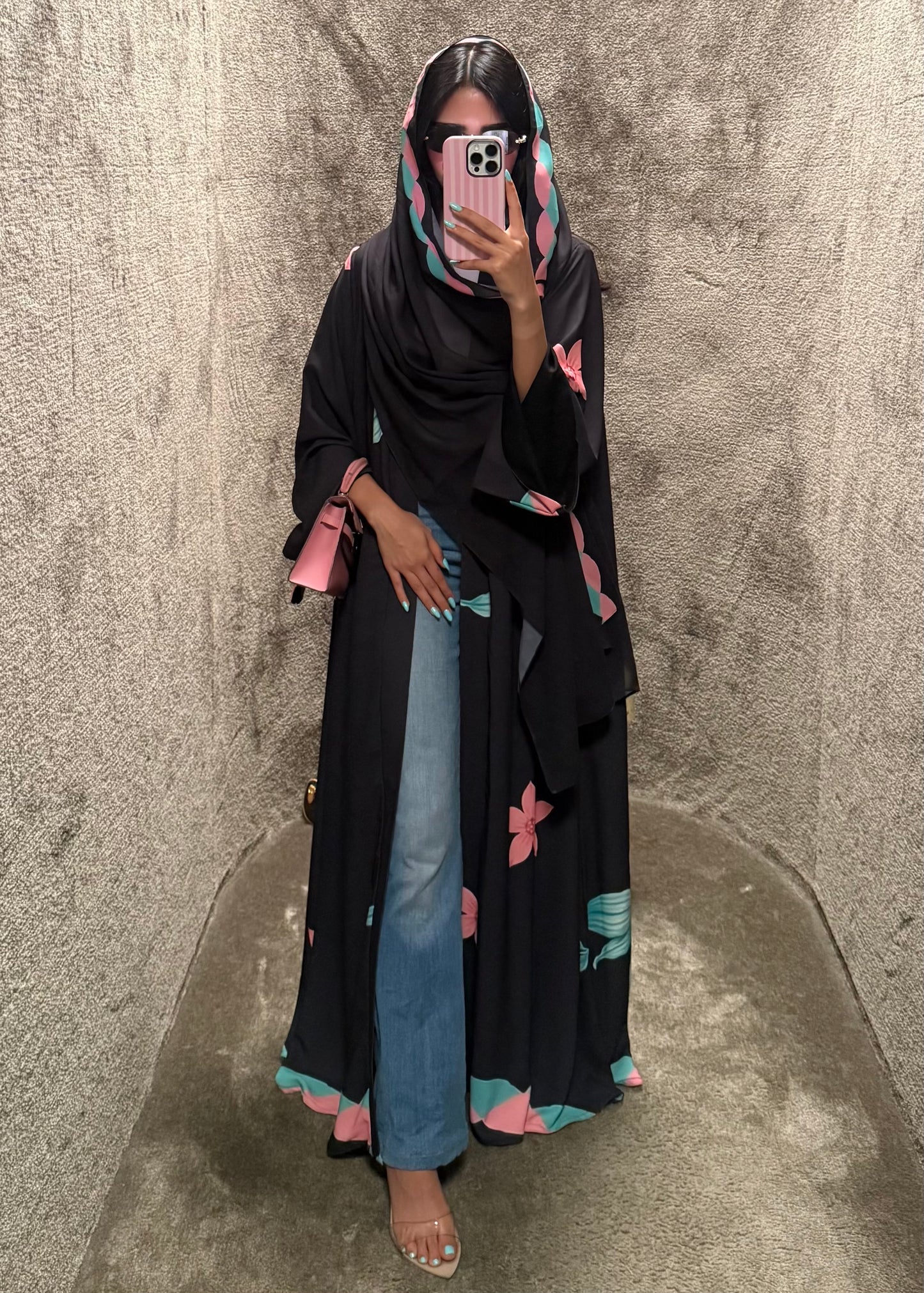 FAB324-Black Pink and Green Floral Print abaya and headscarf- Straight Cut