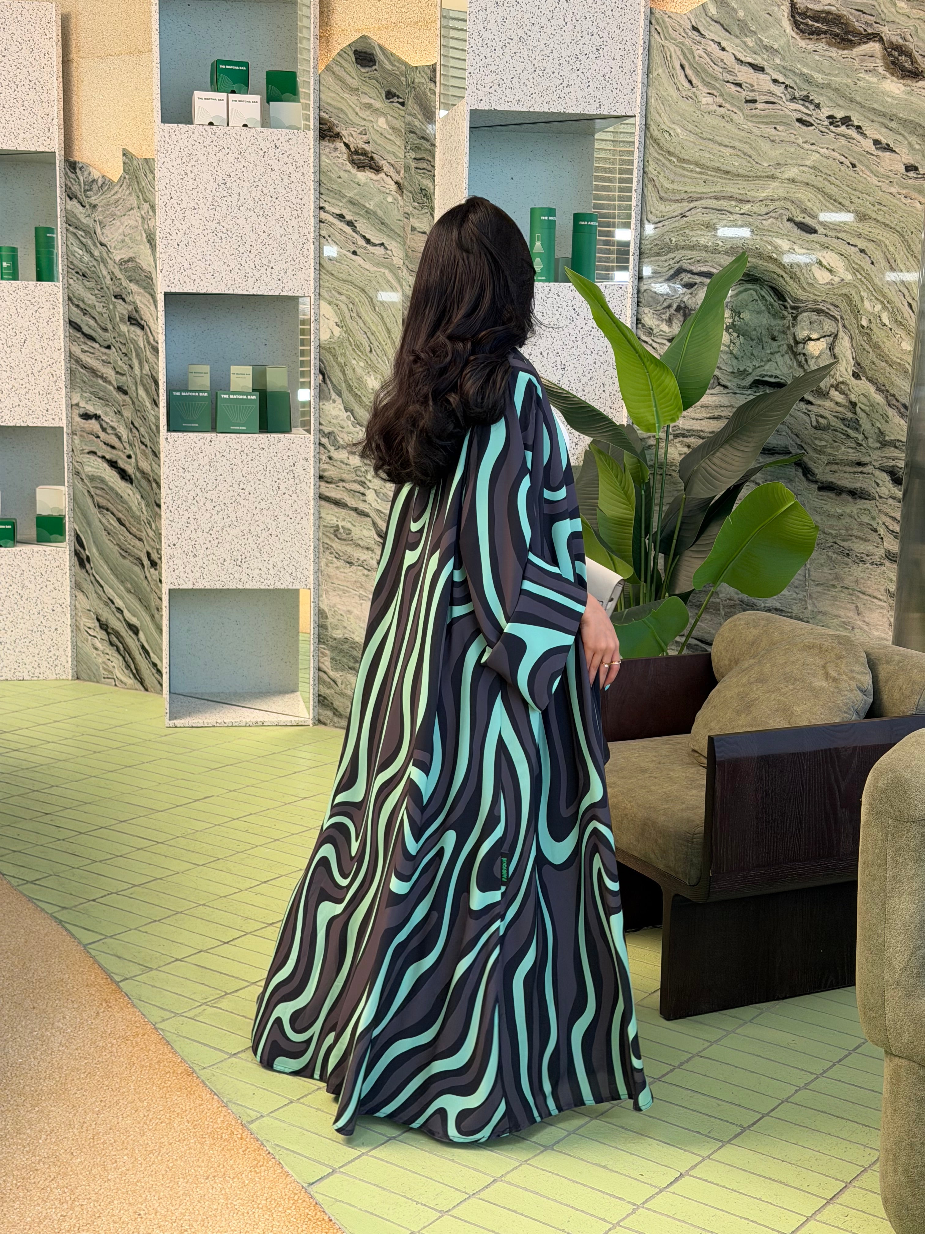 FAB323-Tiffany & Black Printed Abaya and Headscarf – Straight Cut