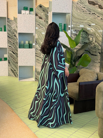 FAB323-Tiffany & Black Printed Abaya and Headscarf – Straight Cut