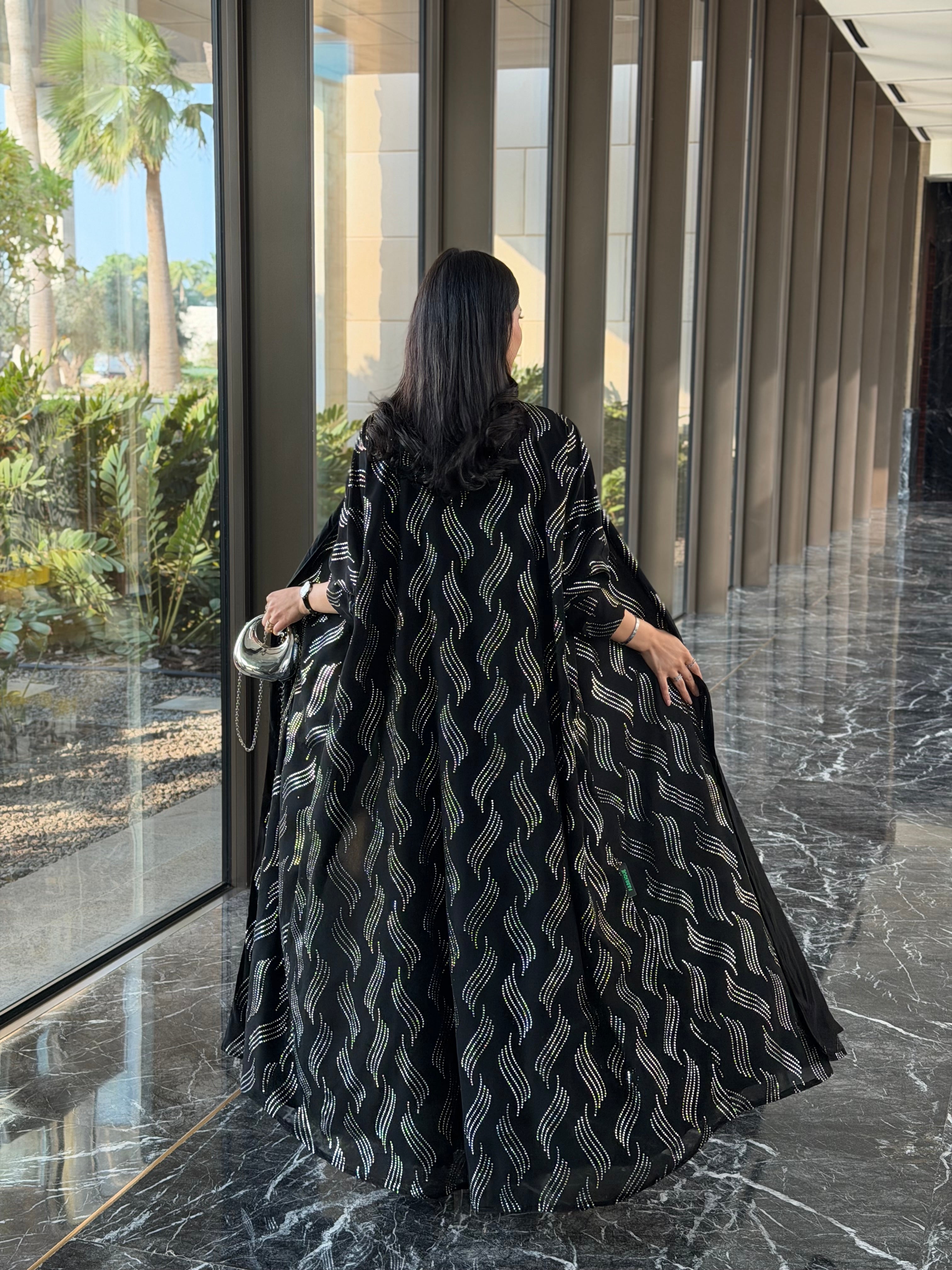 FAB339 – Elegant Black Chiffon Abaya with Silver Naqda Embroidery, Half-Bisht Cut & Matching Headscarf