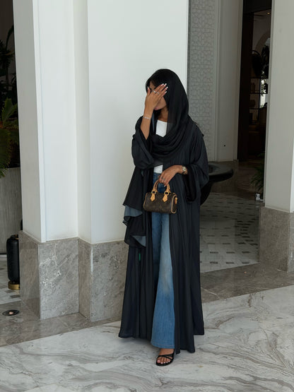 FAB331-Dark Green Basic Light Stripped Printed Klosh Abaya Set