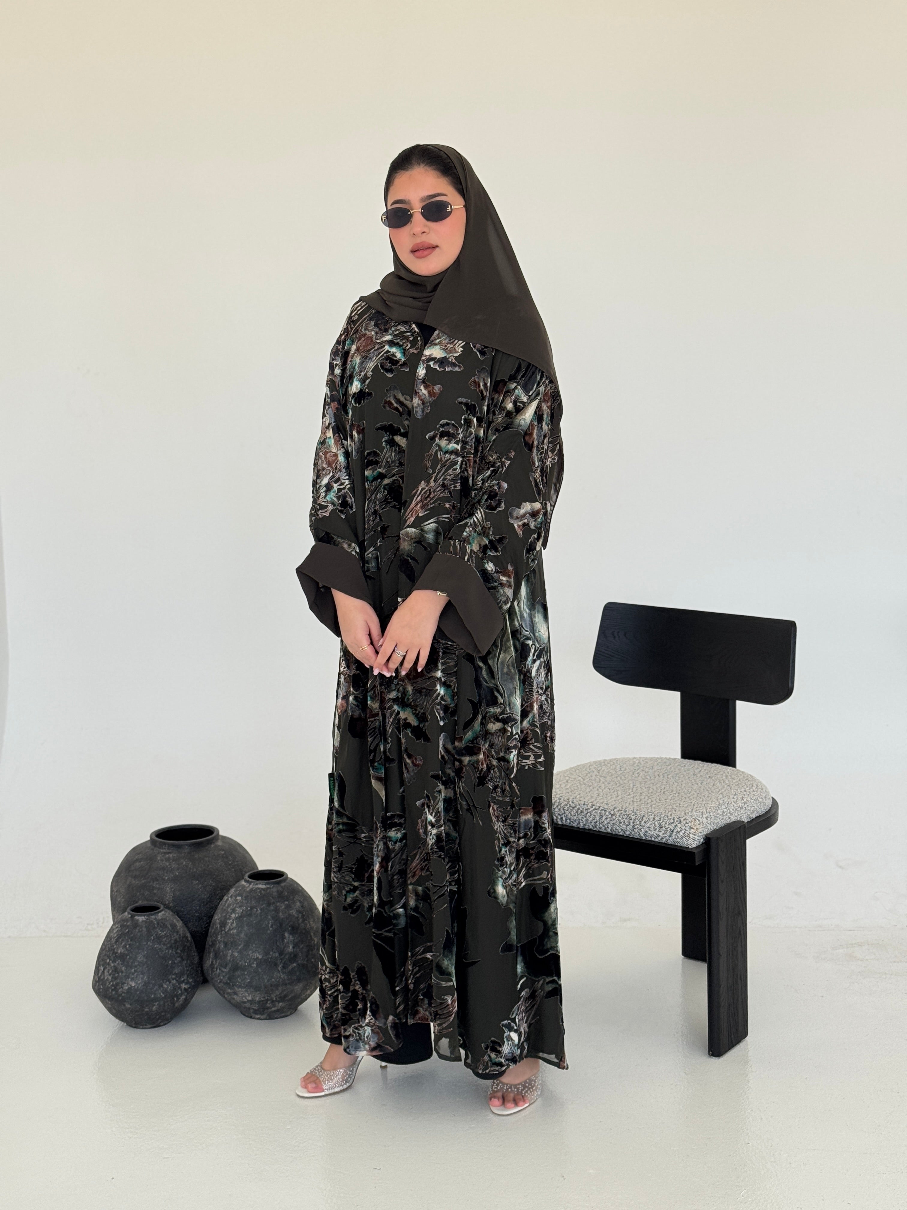 FAB232- Green Chiffon with Velvet Print Abaya with headscarf