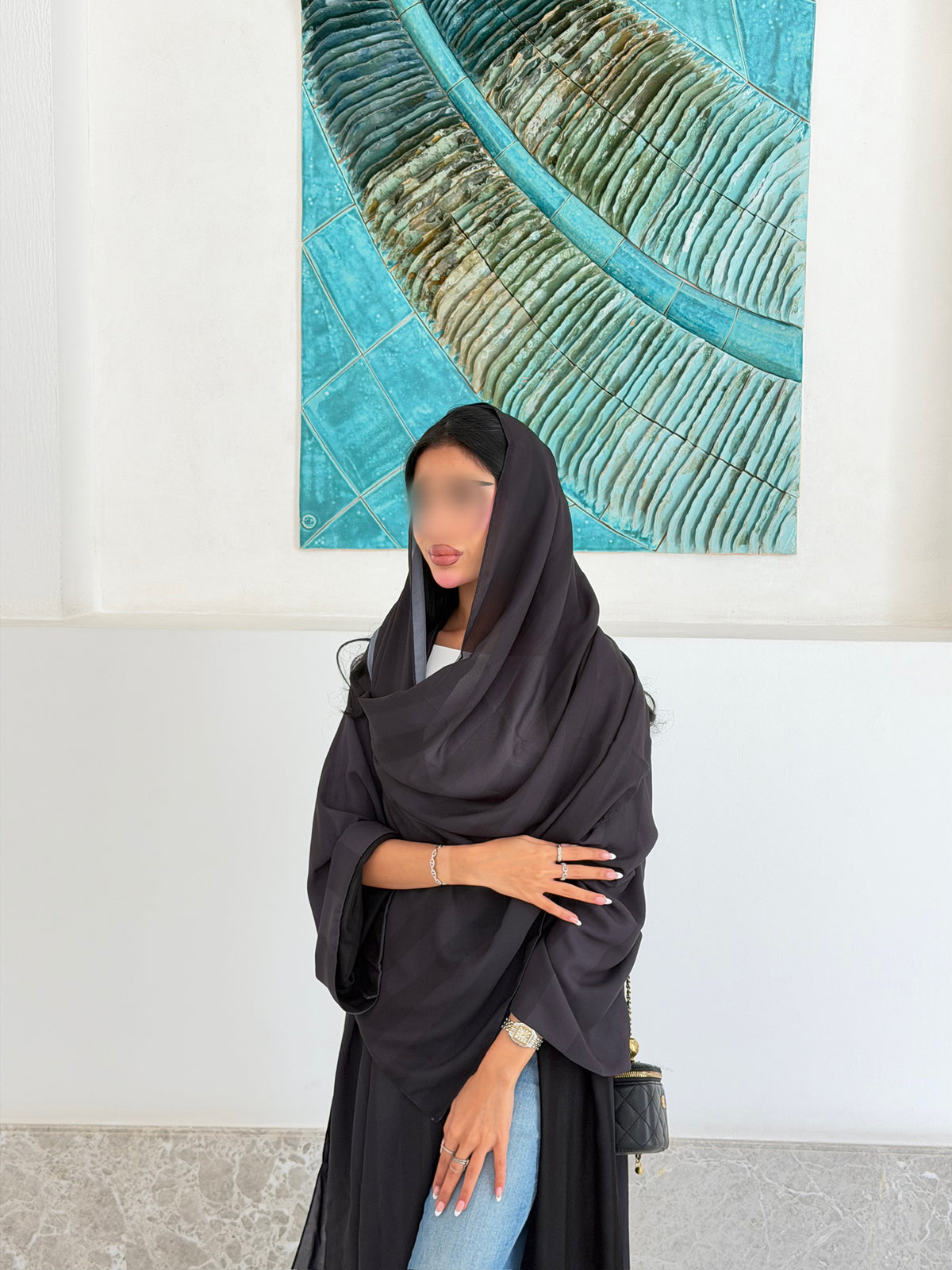 FAB332-Black Basic Light Stripped Printed Klosh Abaya Set