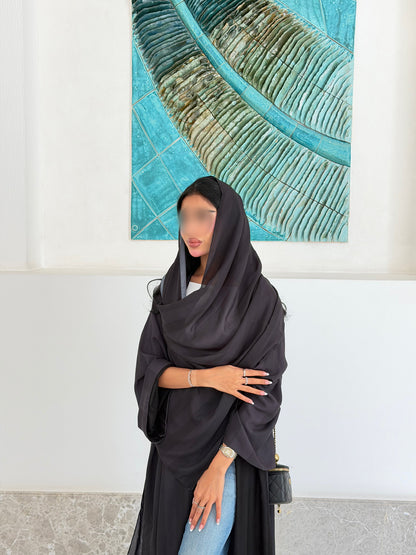 FAB332-Black Basic Light Stripped Printed Klosh Abaya Set