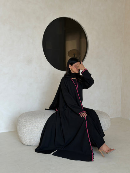 FAB346- Pink Crochet Black Crepe Klosh-Cut Abaya with Headscarf