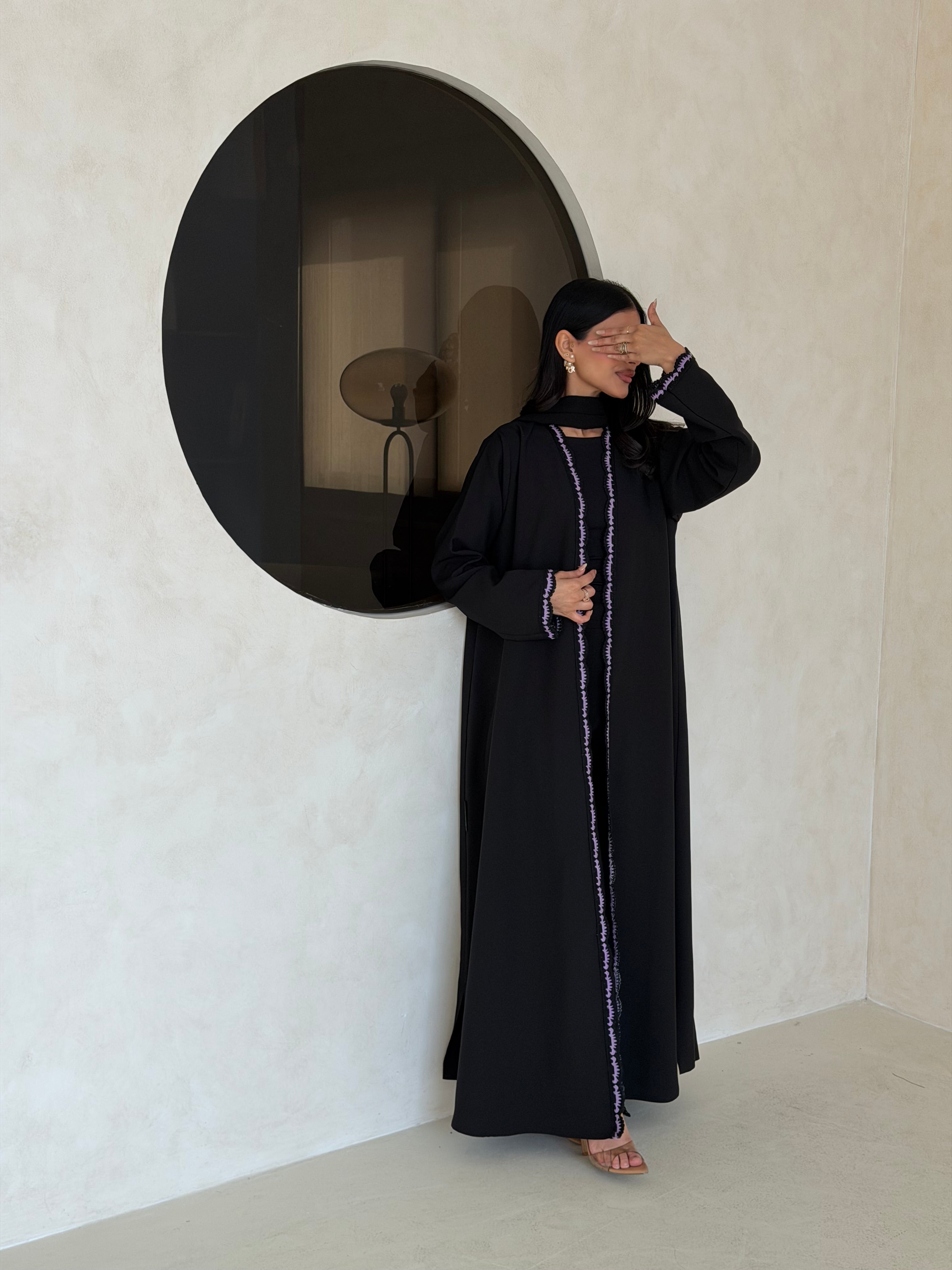 FAB348- Purple Crochet Black Crepe Klosh-Cut Abaya with Headscarf