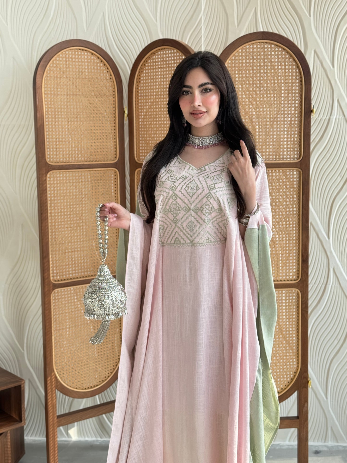 FAB256- Pink and Green Two-sided embroidered Linen butterfly cut jalabiya
