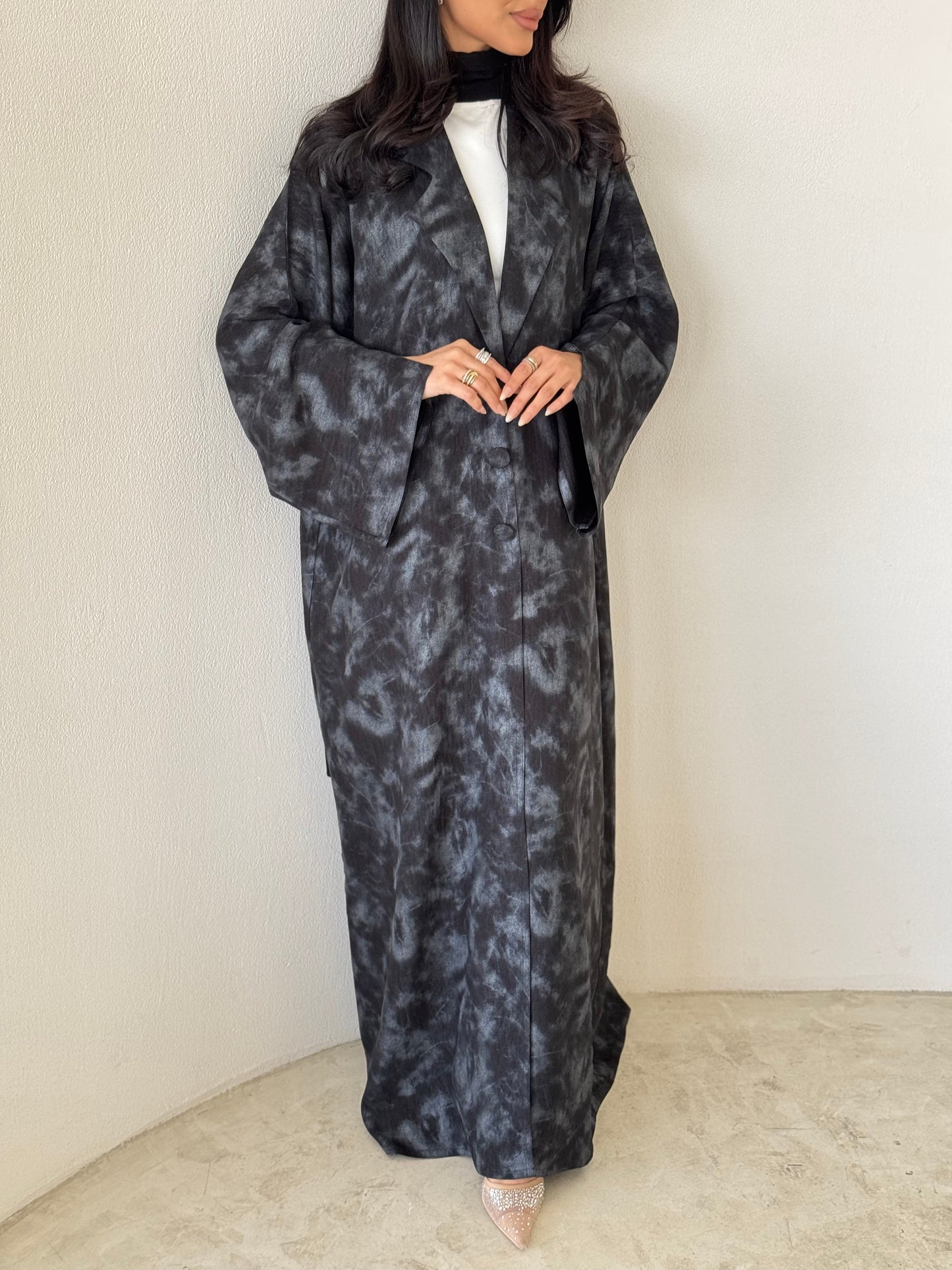 FAB178- Black Silver Tie-dye Blazer Cut Abaya