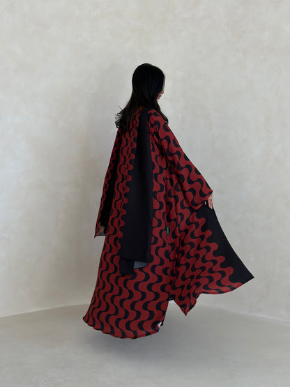 FAB345- Orange Red and Black Waves Printed Straight-Cut Abaya and matching headscarf