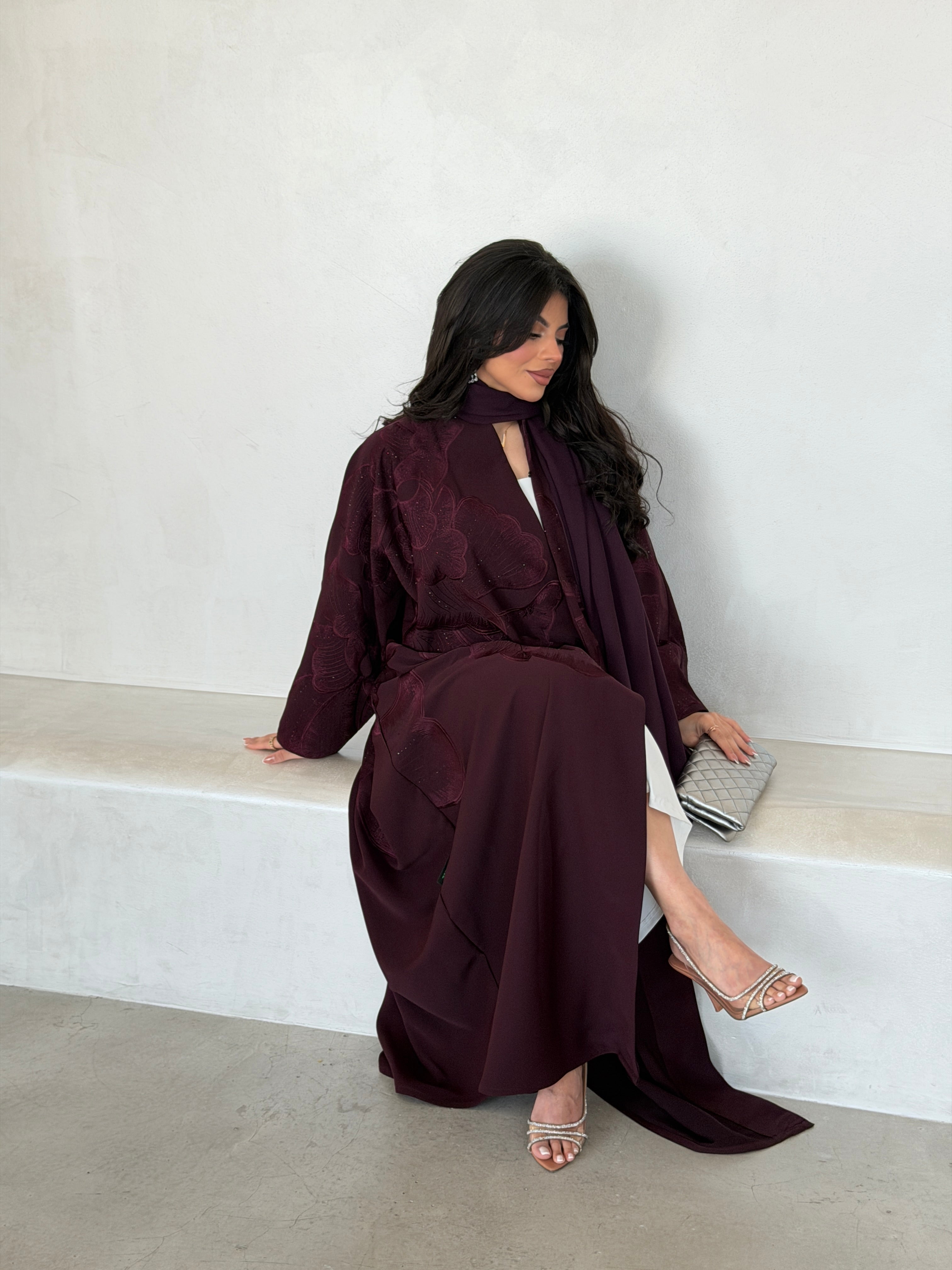 FAB297- Burgundy Crystal Embroidered Half Bisht Cut Crepe Abaya