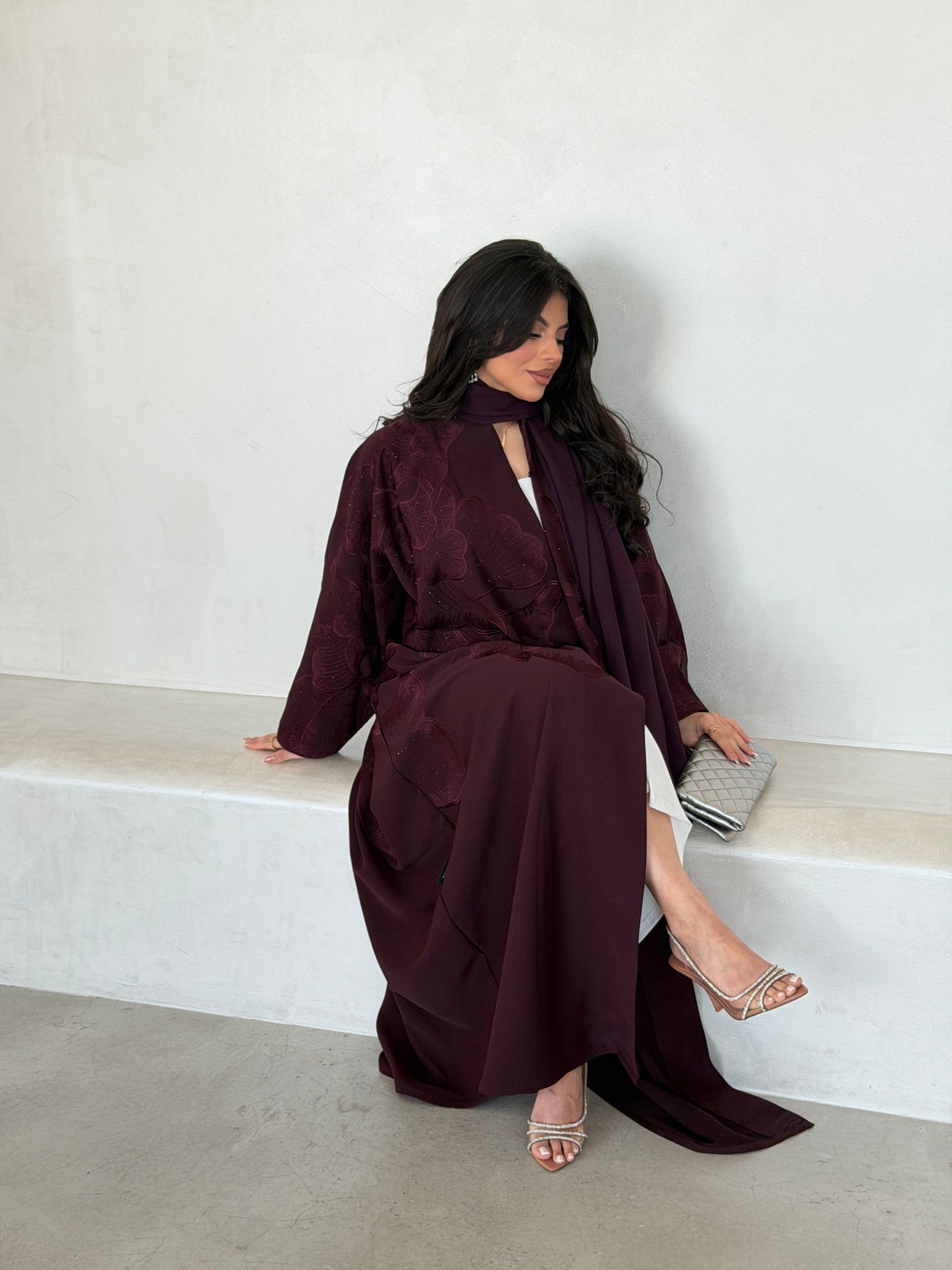 FAB297- Burgundy Crystal Embroidered Half Bisht Cut Crepe Abaya