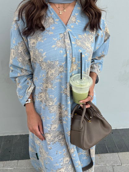 FAB300- Yellow and Blue Lace and Linen Summer A-Cut Abaya