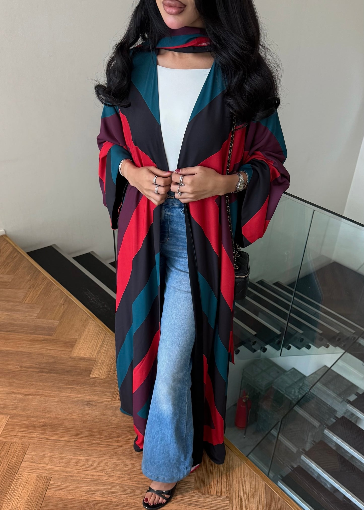 FAB327- Red blue printed rainbow straight-cut abaya with matching headscarf