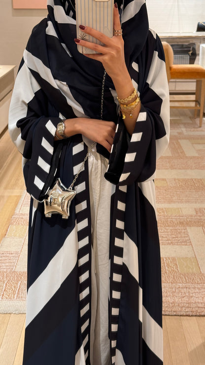 FAB303- Blue & Black Print Chiffon Silk A-Cut Abaya Set