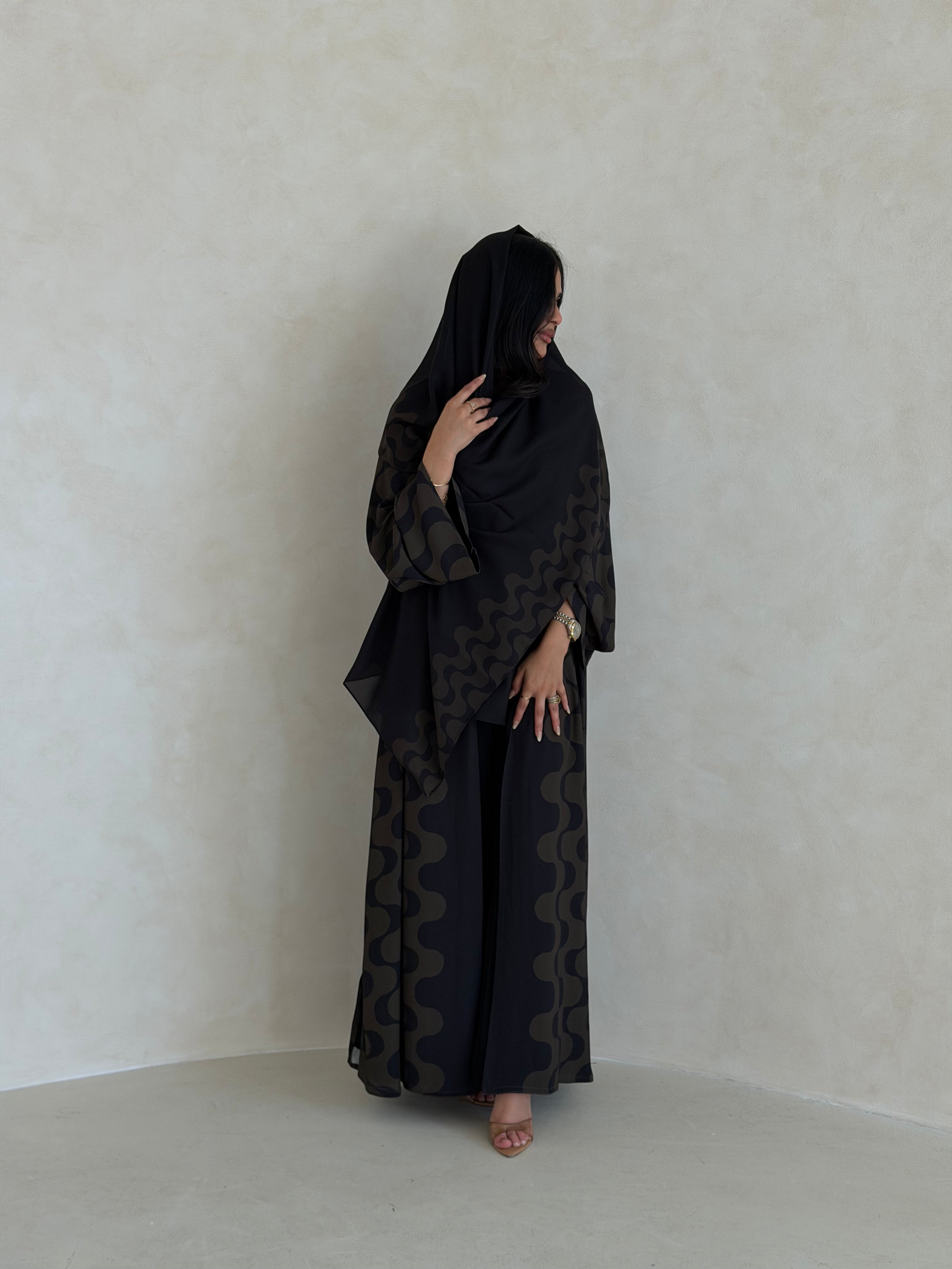 FAB343- Dark Olive and Black Waves Printed Straight-Cut Abaya and matching headscarf