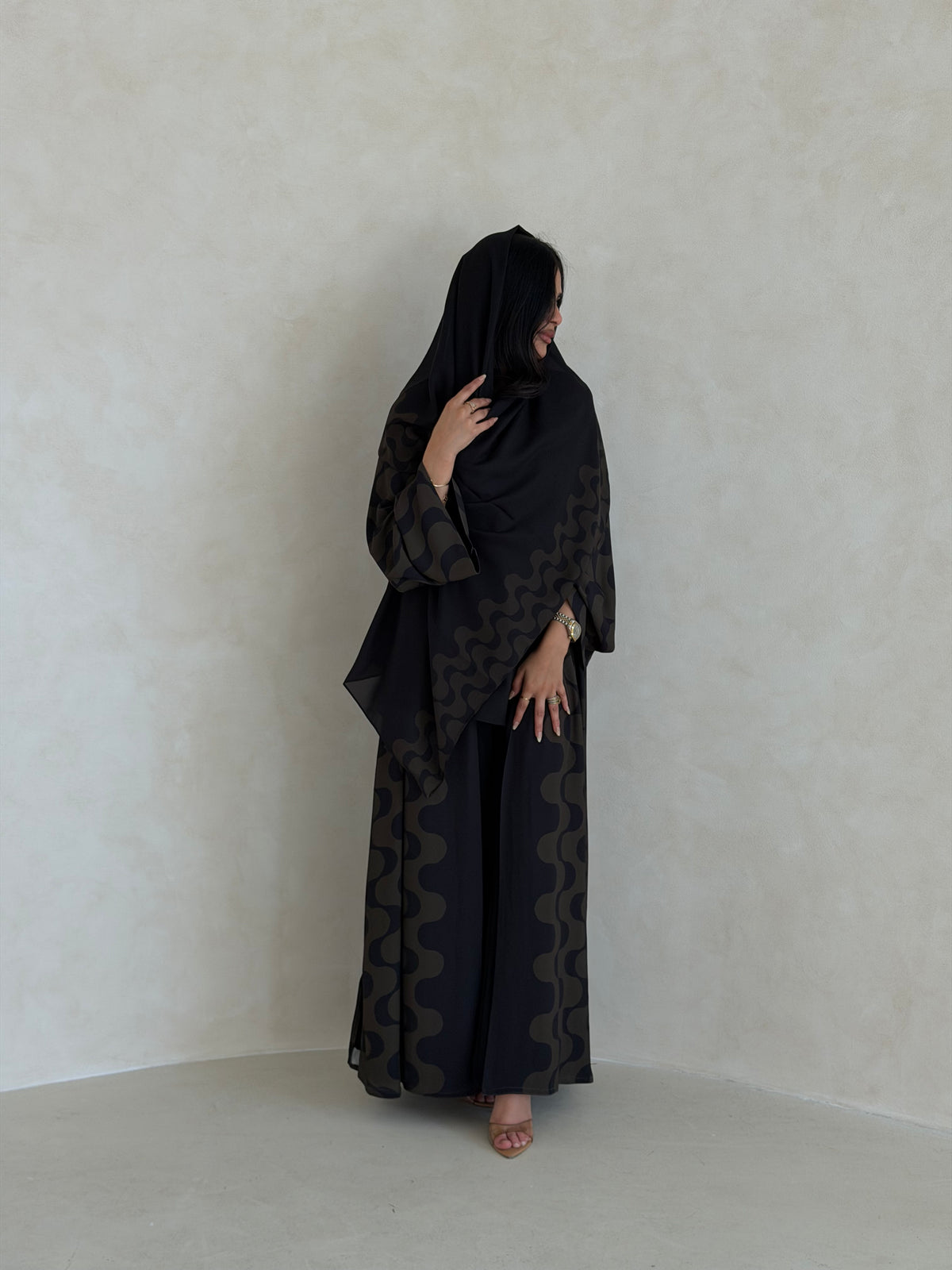 FAB343- Dark Olive and Black Waves Printed Straight-Cut Abaya and matching headscarf