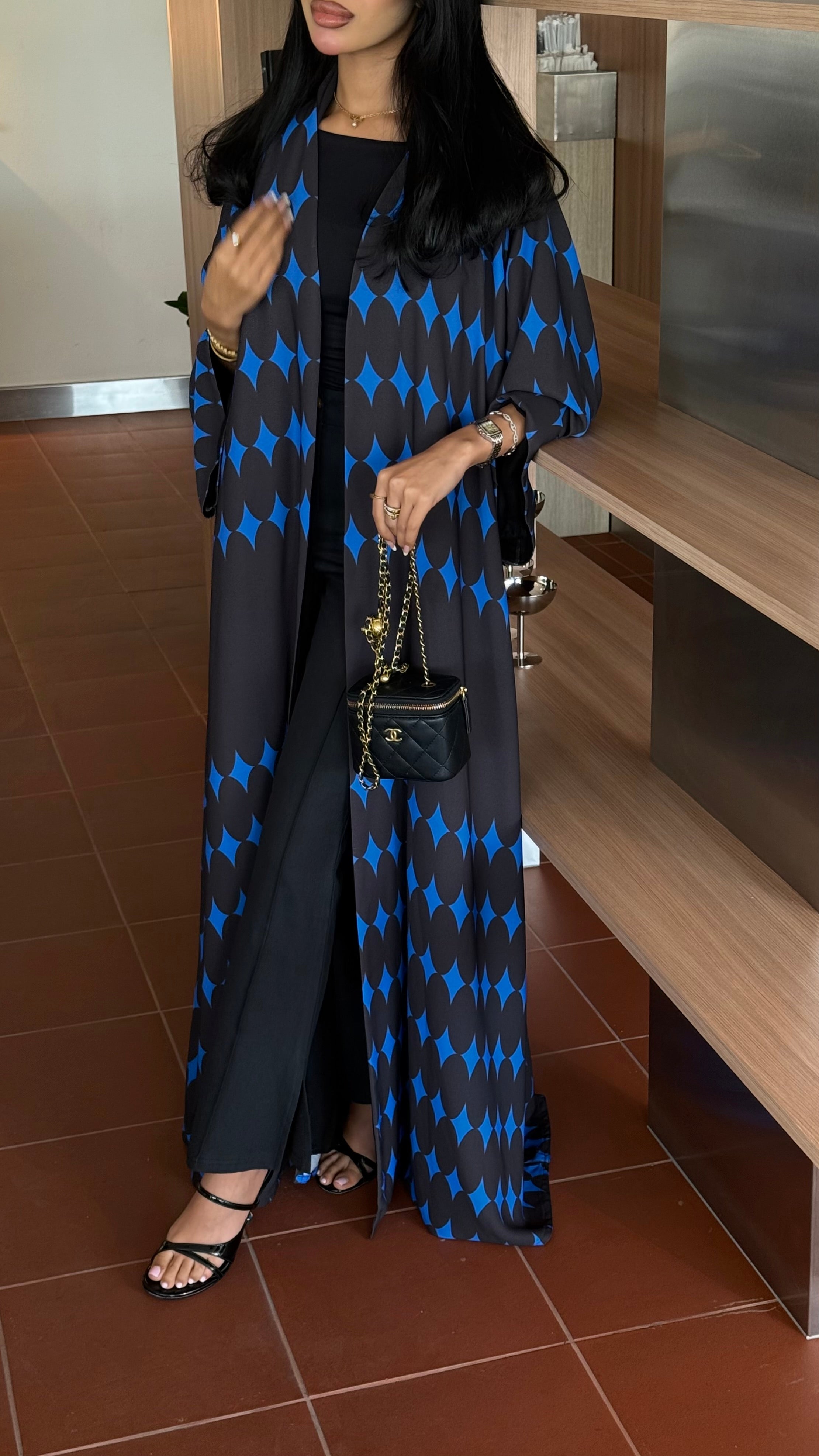FAB336-Blue & Black Diamond Print Straight-Cut Abaya with Matching Headscarf