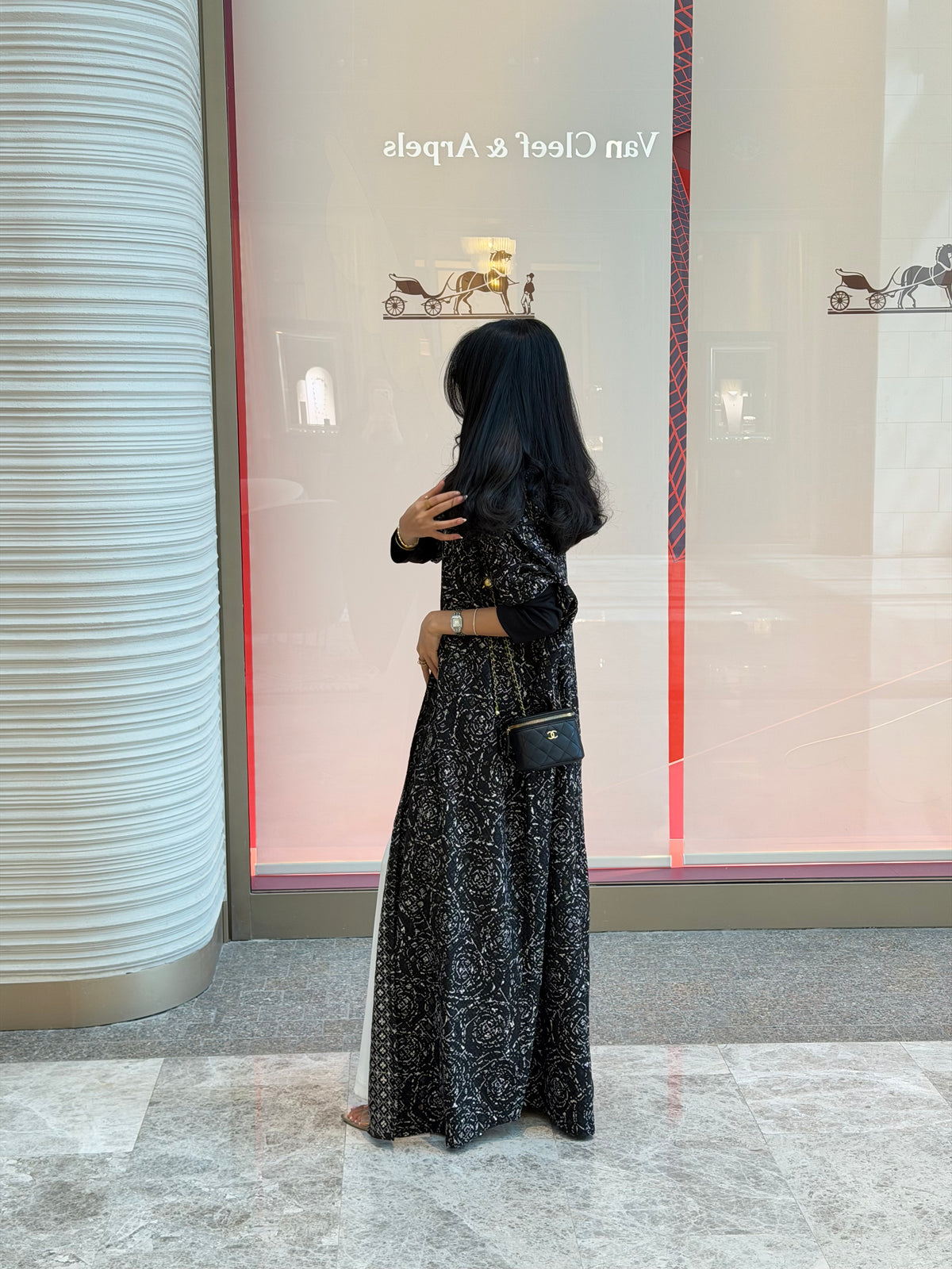 FAB340-Black White Embroidery Half-Bisht Cut Abaya with Fitted Black Stretch Sleeves and matching headscarf