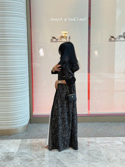 FAB340-Black White Embroidery Half-Bisht Cut Abaya with Fitted Black Stretch Sleeves and matching headscarf
