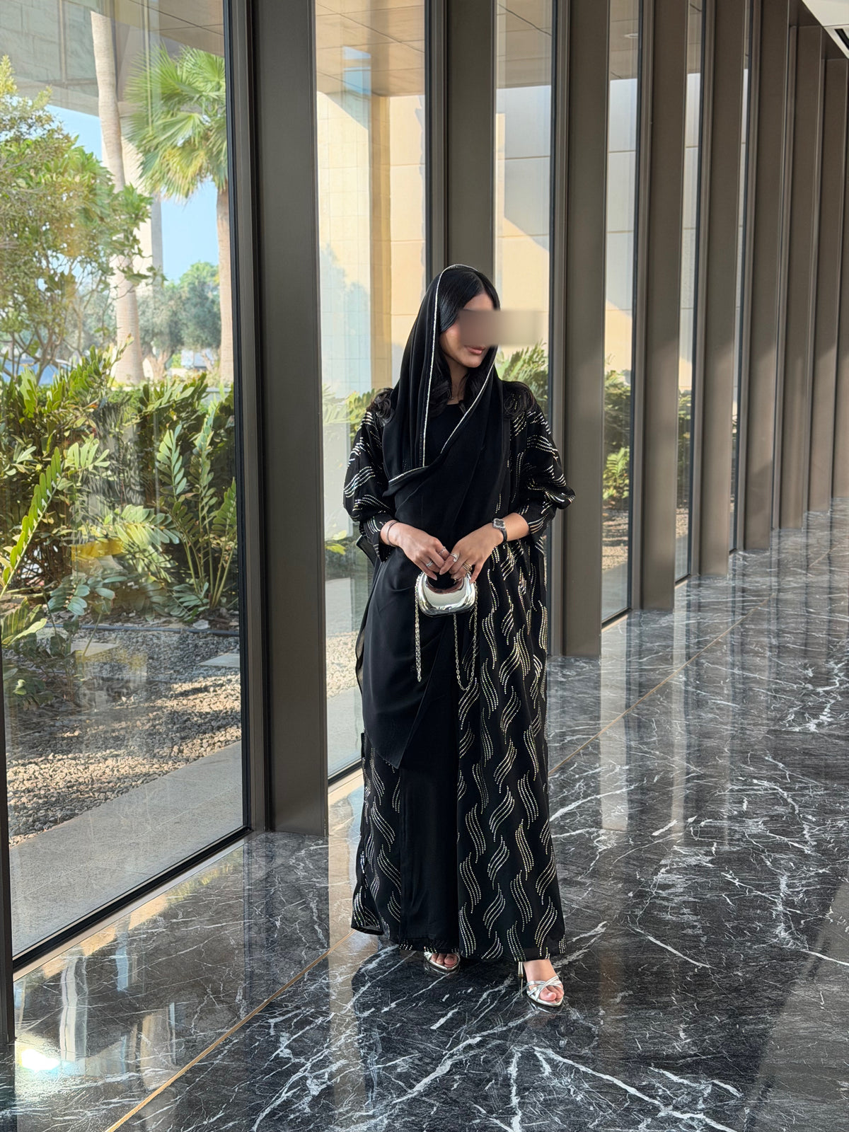 FAB339 – Elegant Black Chiffon Abaya with Silver Naqda Embroidery, Half-Bisht Cut & Matching Headscarf